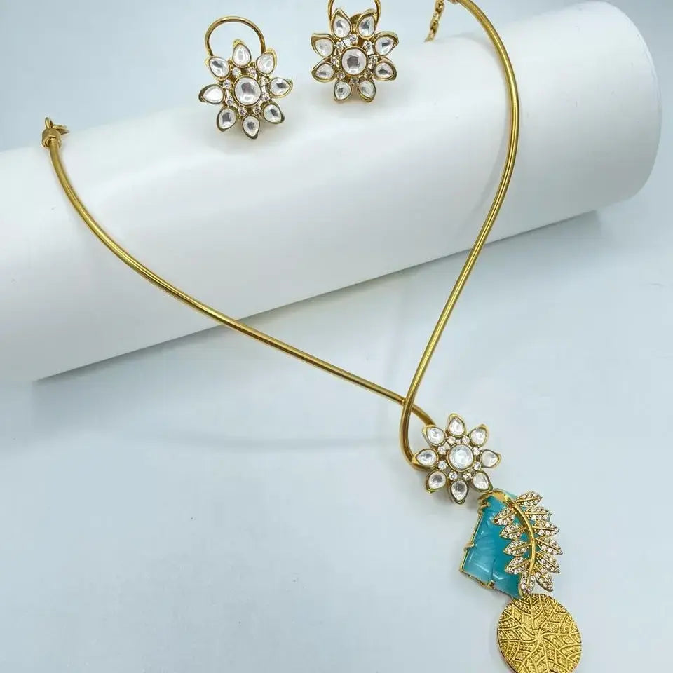 Anam Carving Stone Statement Hasli Set- Aqua Blue