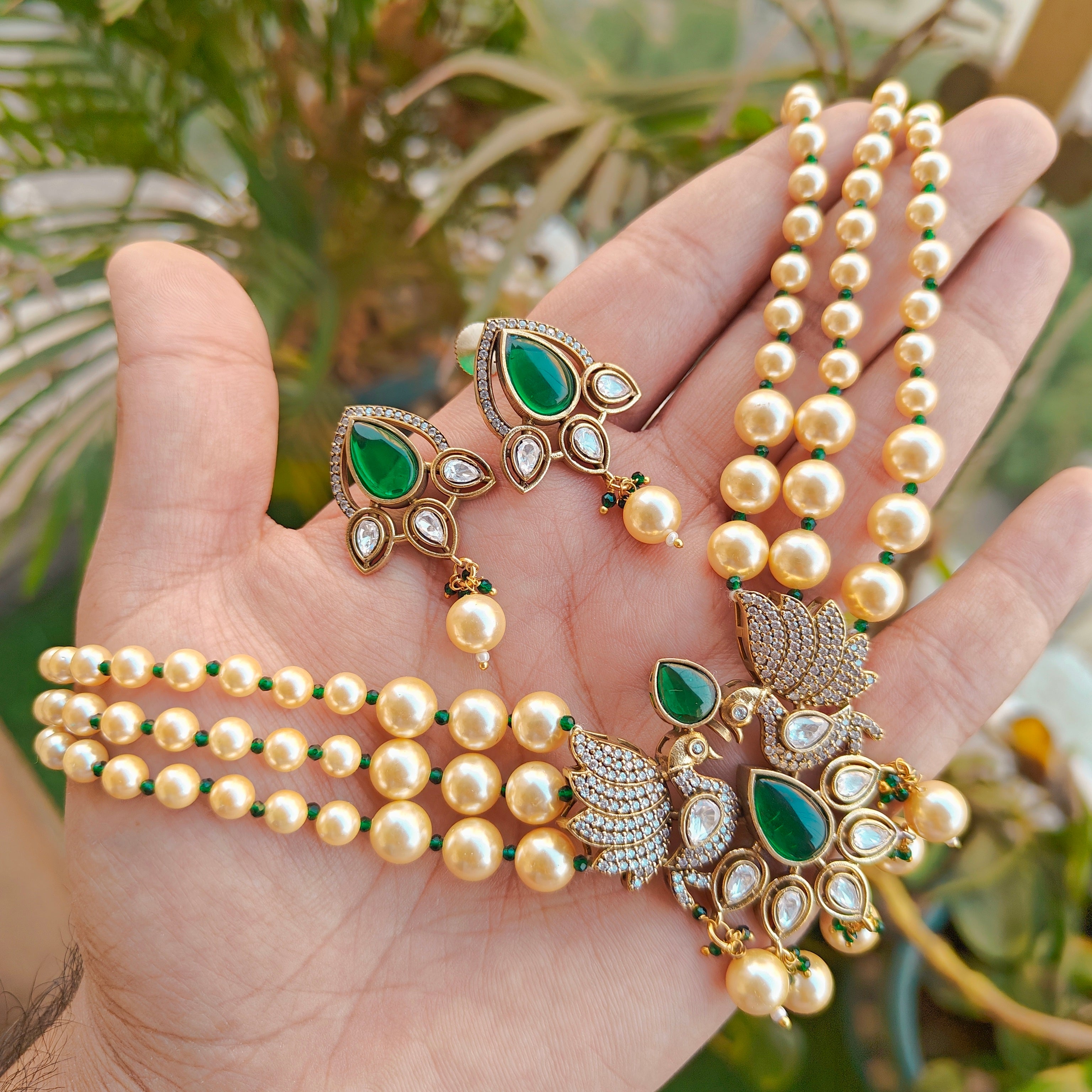 Gehna Bird Uncut Polki Pearl Necklace Set- Green