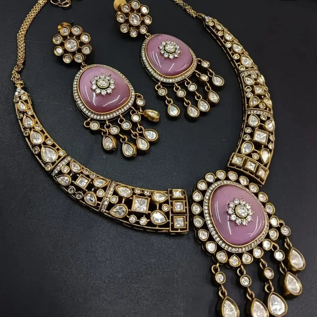 Shafa Uncut Moissanite Polki Hasli Necklace Set - Pink