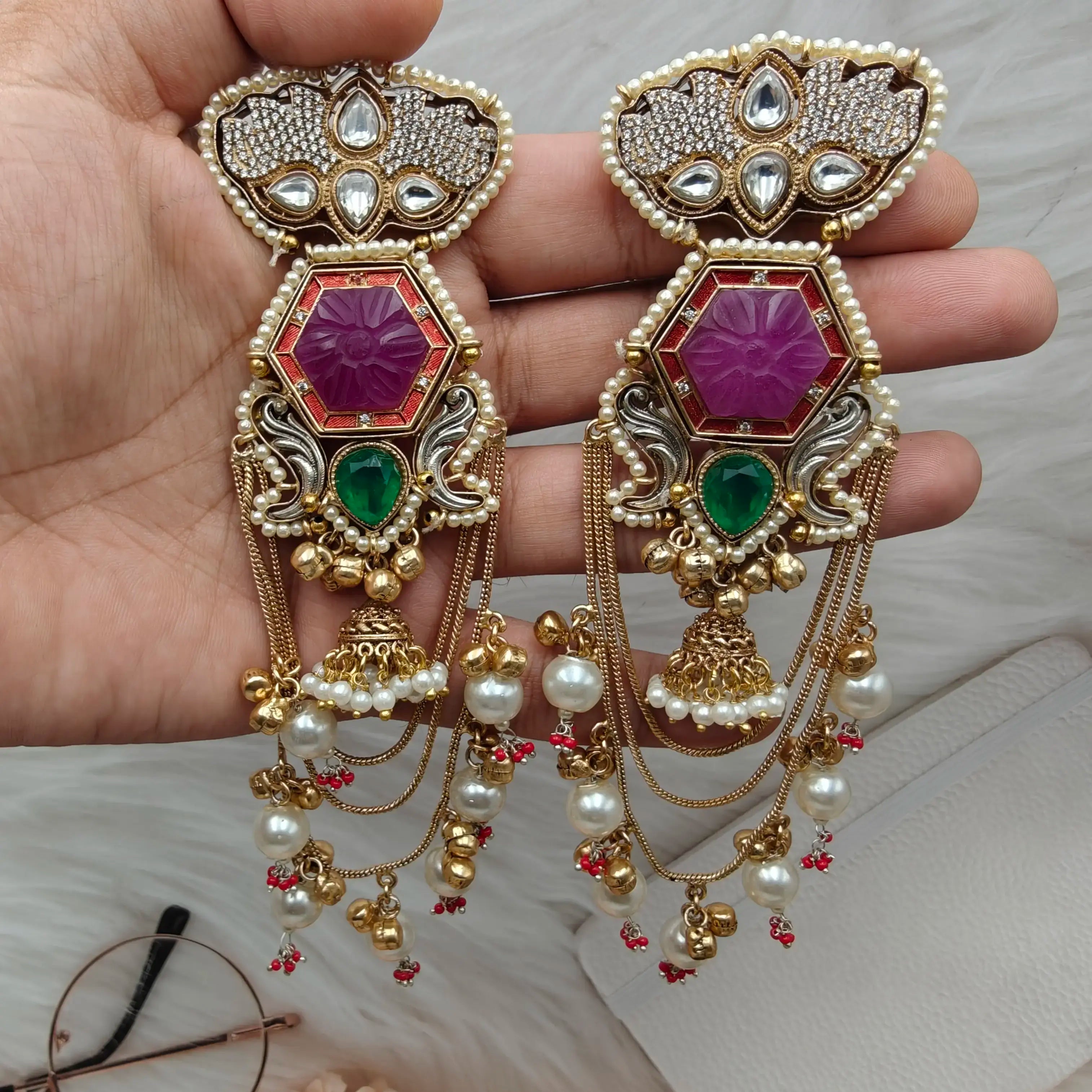 Farhana Brass Fusion Kashmiri Earrings - Purple n Green