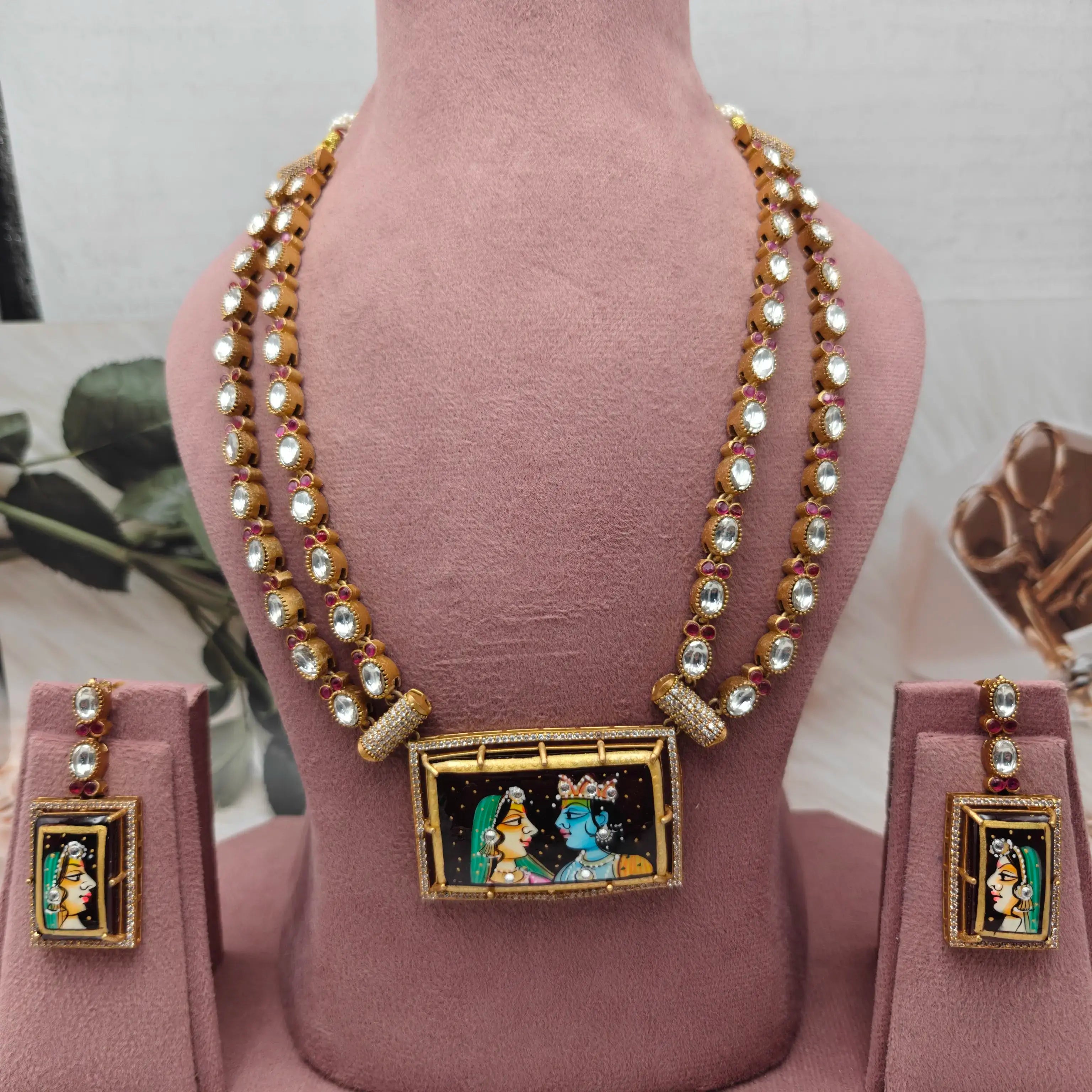 Radha Krishna Tanjore Polki Necklace Set - Maroon