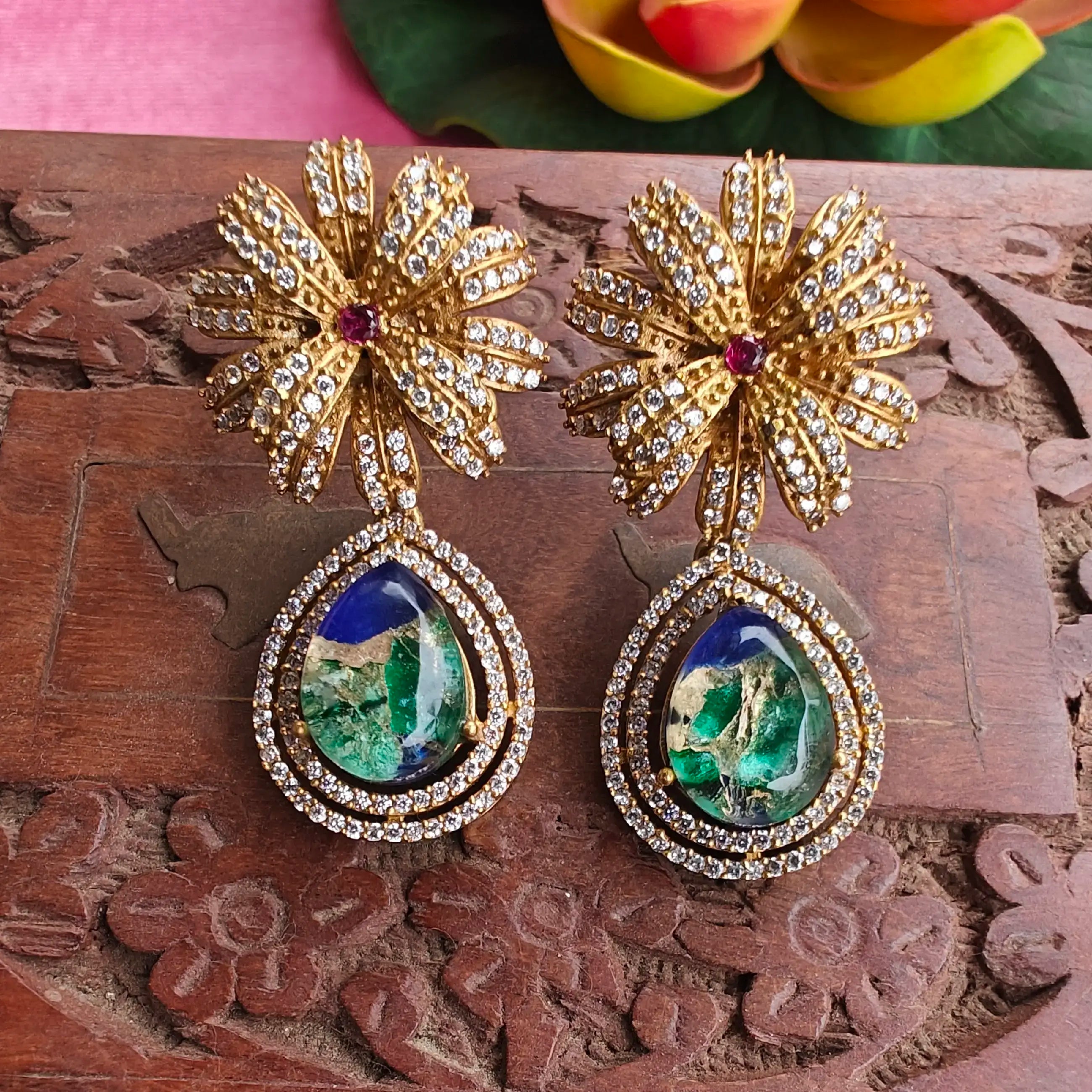 Palm Tree Tourmaline Doublet Earrings- Green N Blue