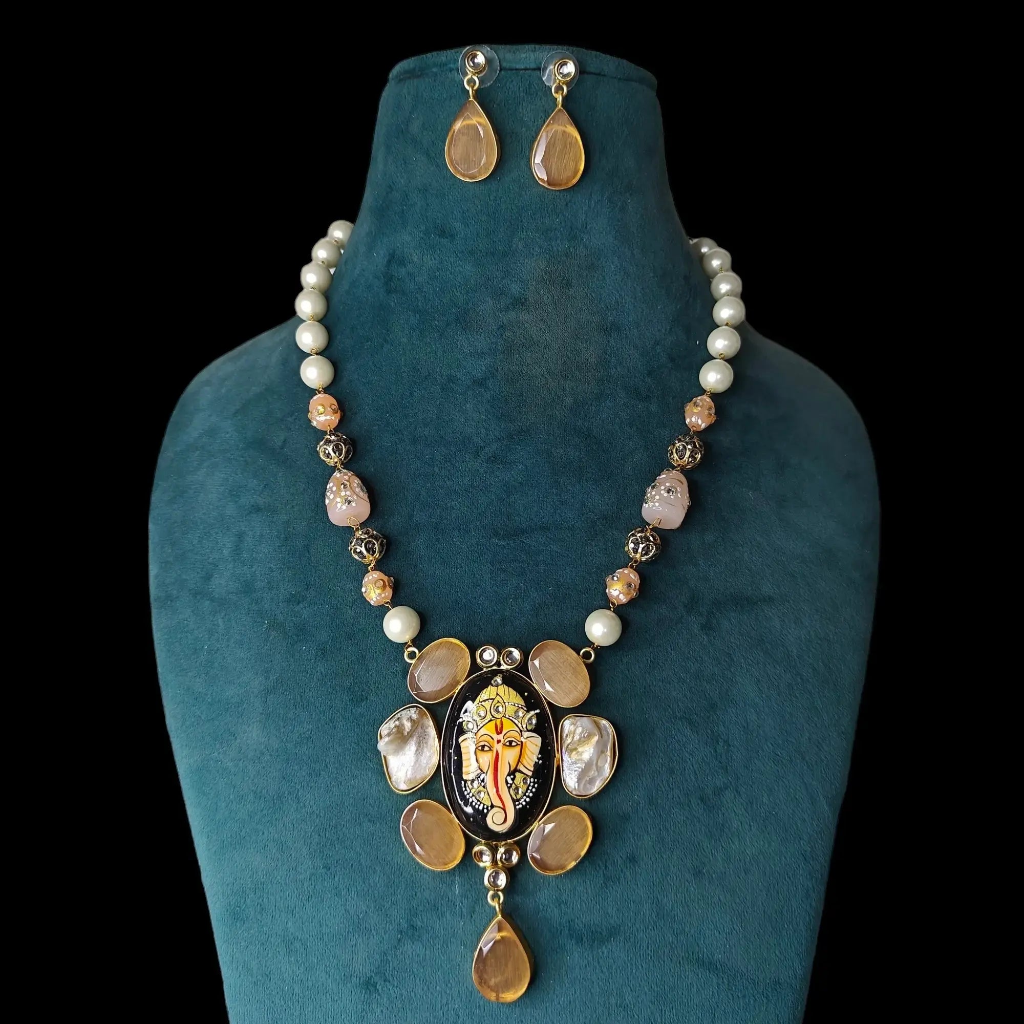 Ganesha Tanjore Monalisa Necklace Set- Peach