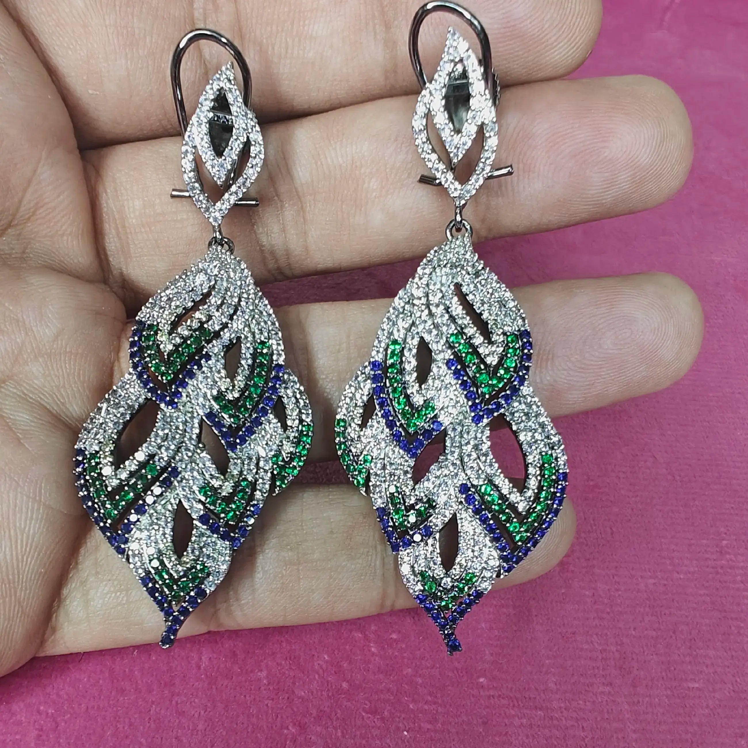 Mayuri Nano AD Premium Earrings- Green And Blue
