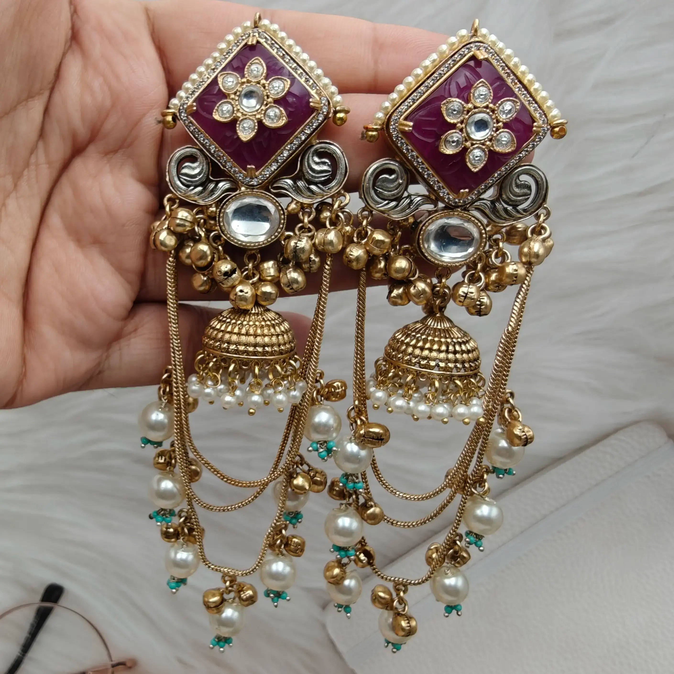 Era Carving Stone Kashmiri Fusion Earrings - Purple
