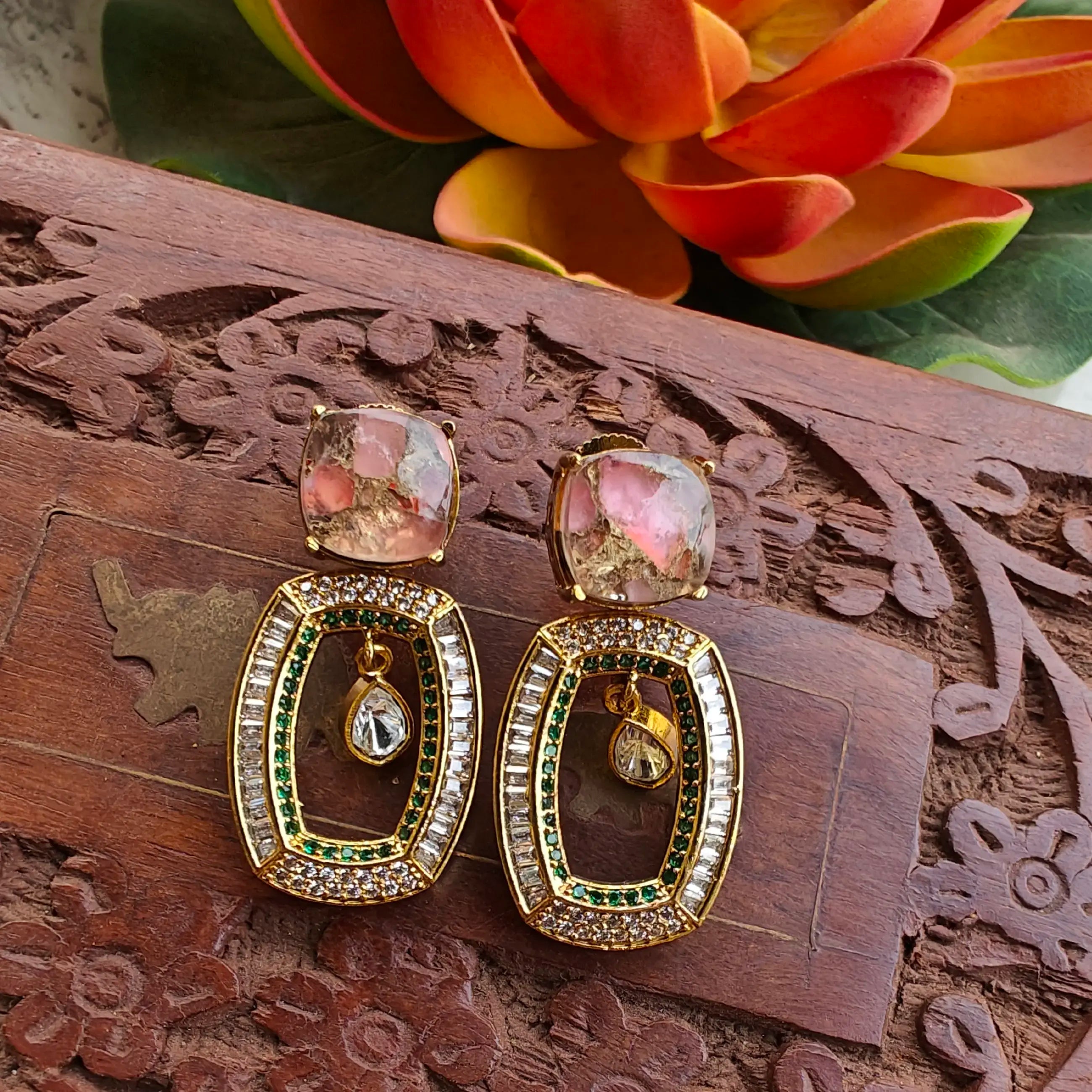 Rahat Doublet Baguette AD Statement Earrings - Metallic Pink