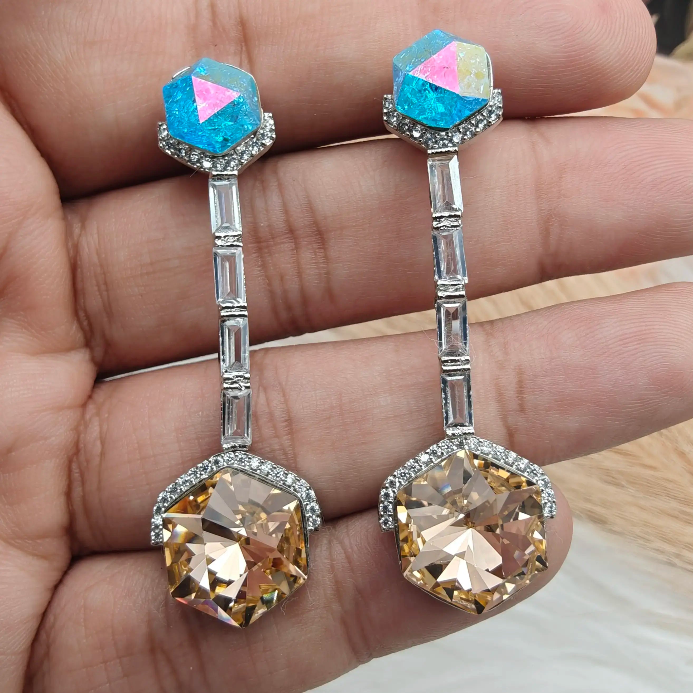 Prism Dusk Swarovski Holographic Drop Earrings - Turquoise n Champagne