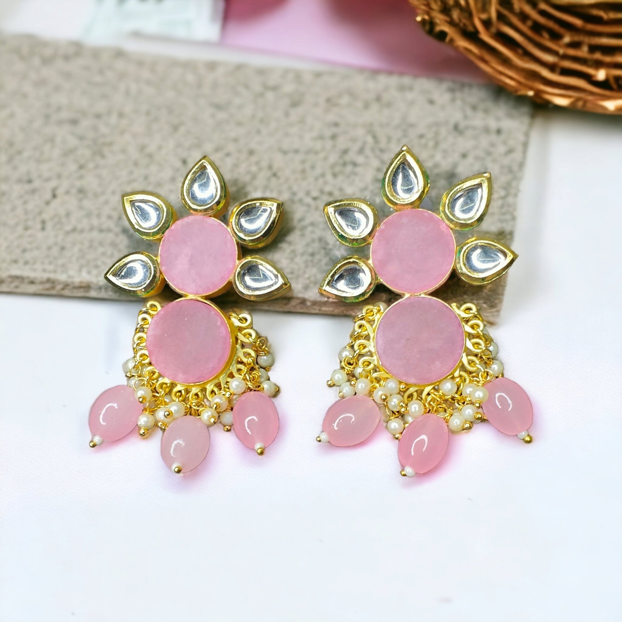 Druzy Kundan Earrings - Pink