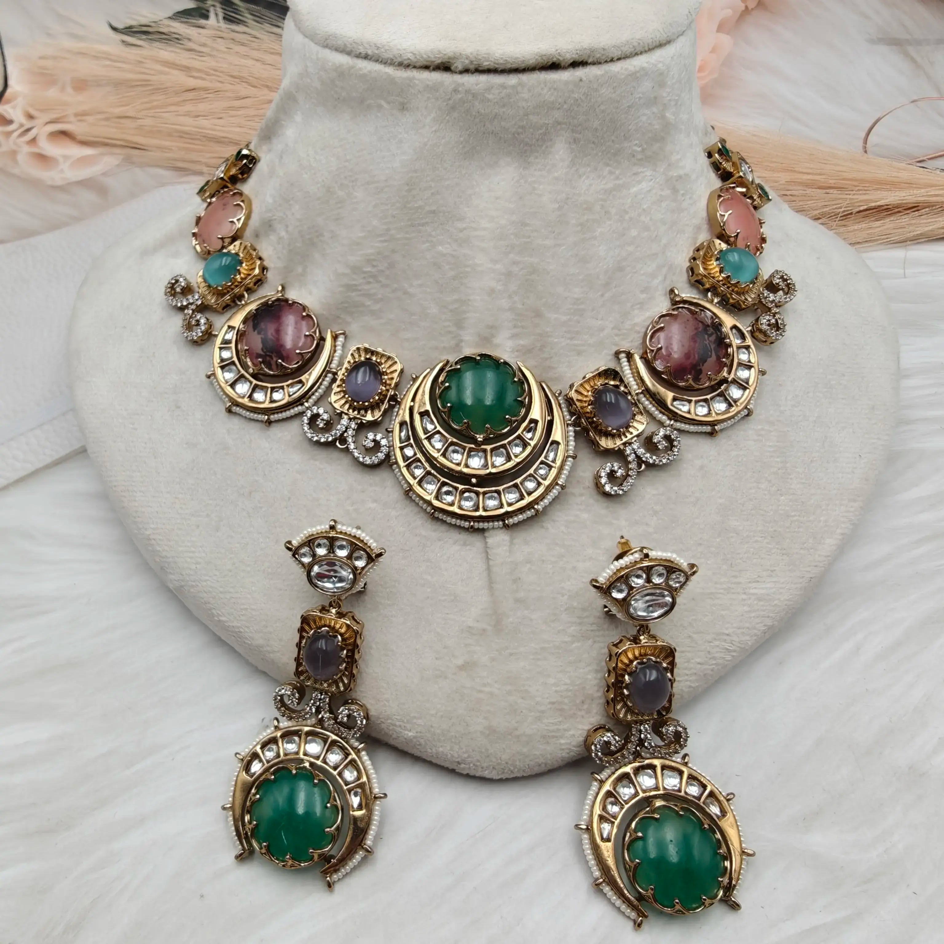 Meherbaan Sabya Inspired Multi Coloured Natural Stone Necklace Set-Multi 2