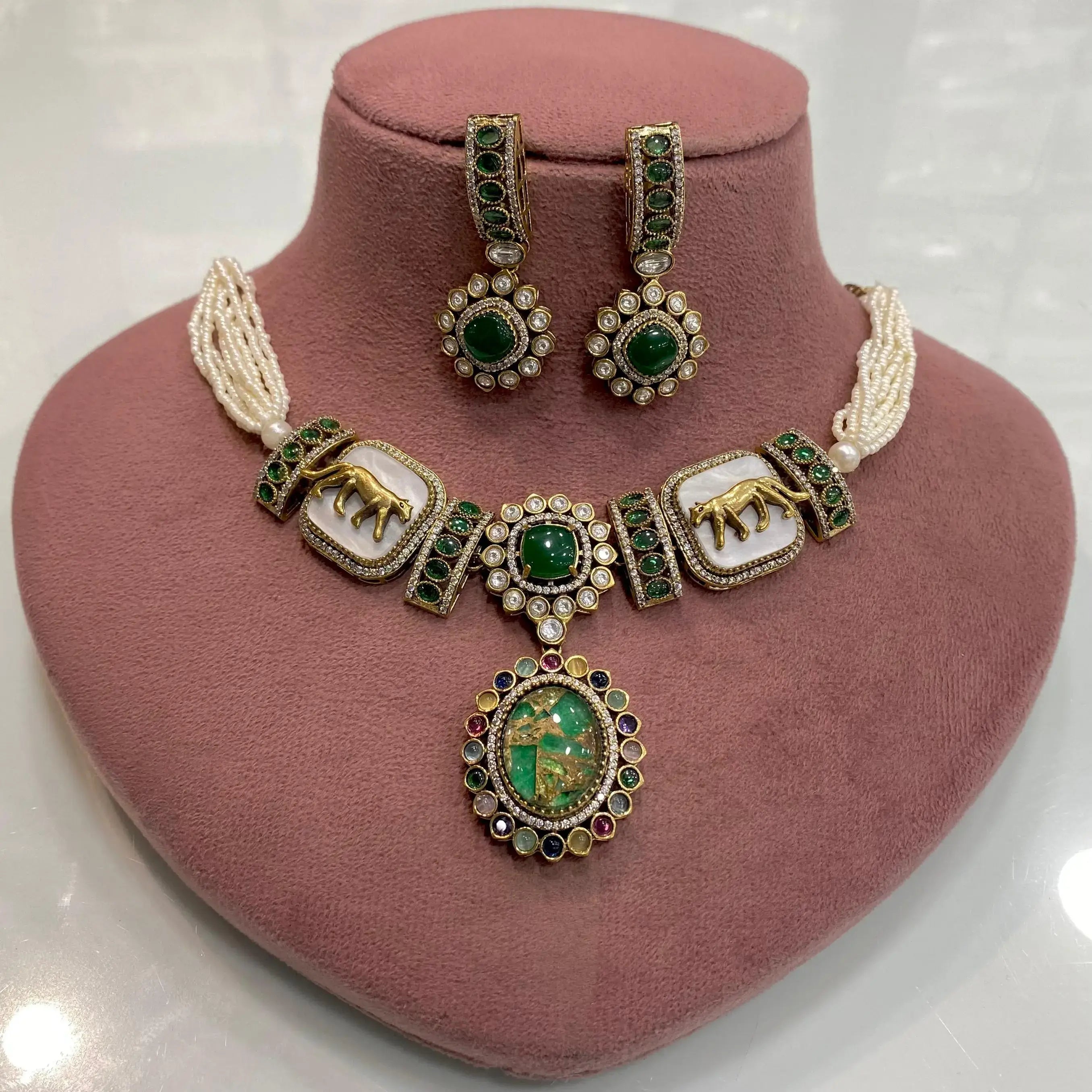 Aafra Sabyasachi Inspired Tourmaline Doublet Choker Necklace - Green