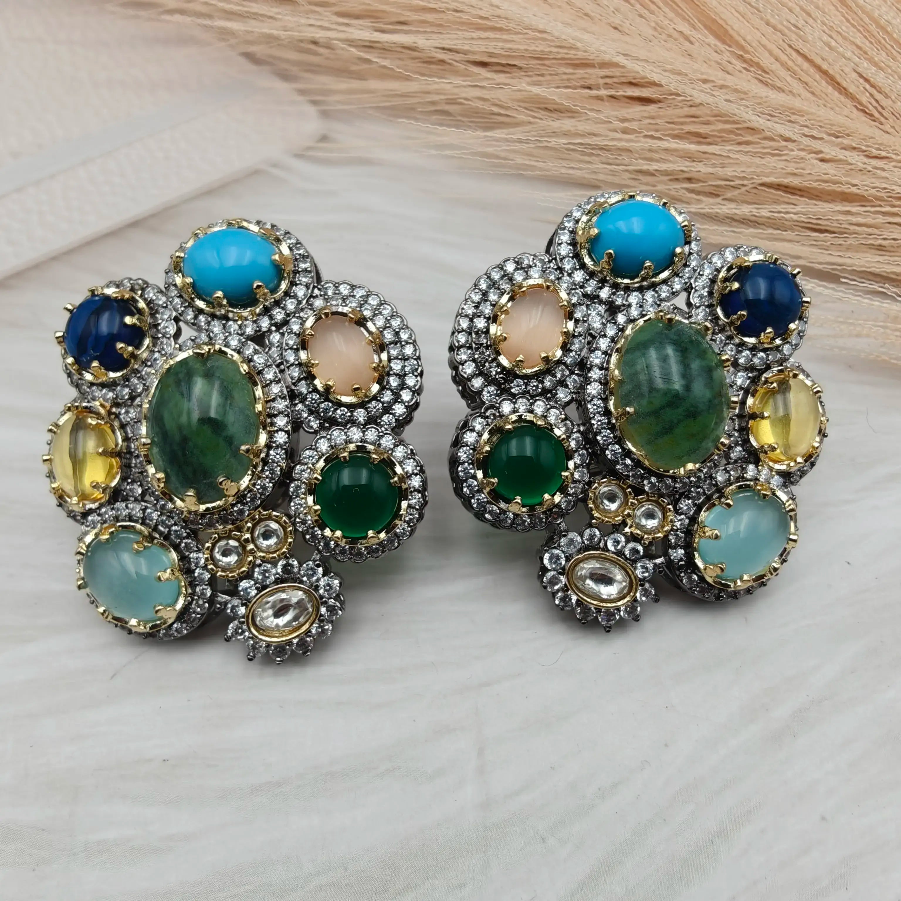 Elsyia Statement Studs- Green Aventurine Multi