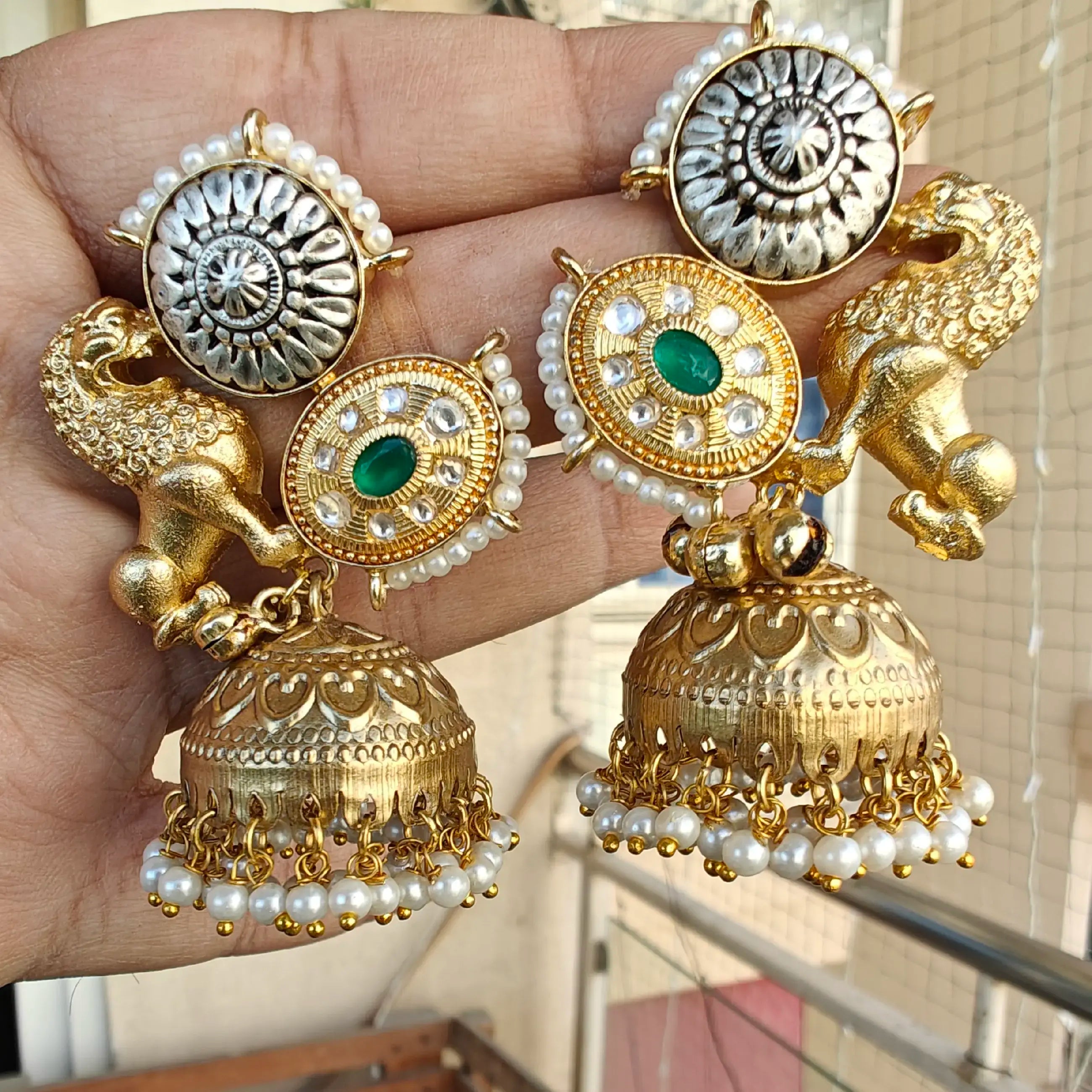 Sabyasachi Inspired Amaira Amrapali Brass Fusion Jhumki - Green