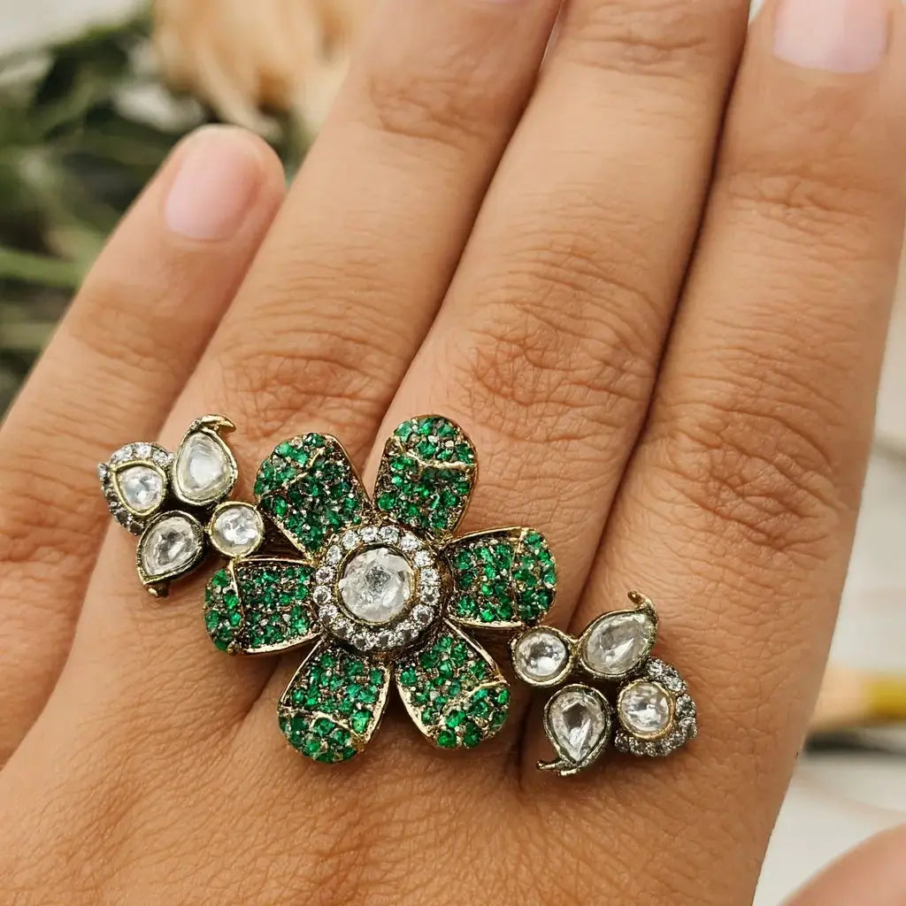Floral Moissanite Rings- Green