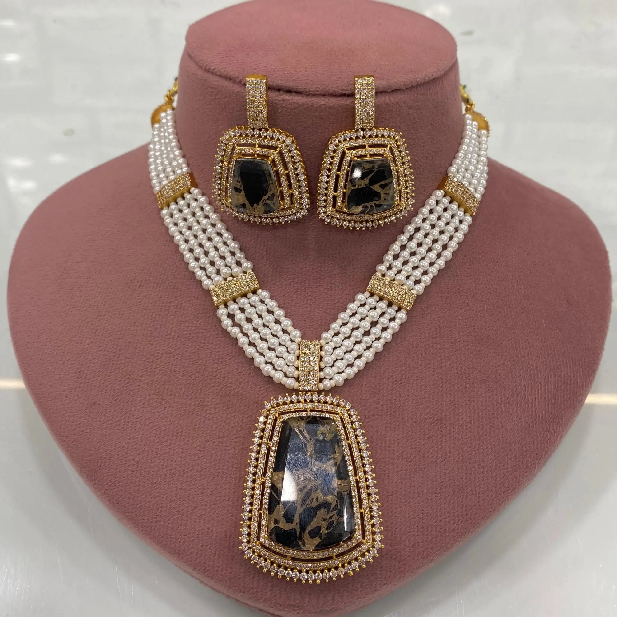 Mastaana Tourmaline Doublet Pearl Necklace Set - Black