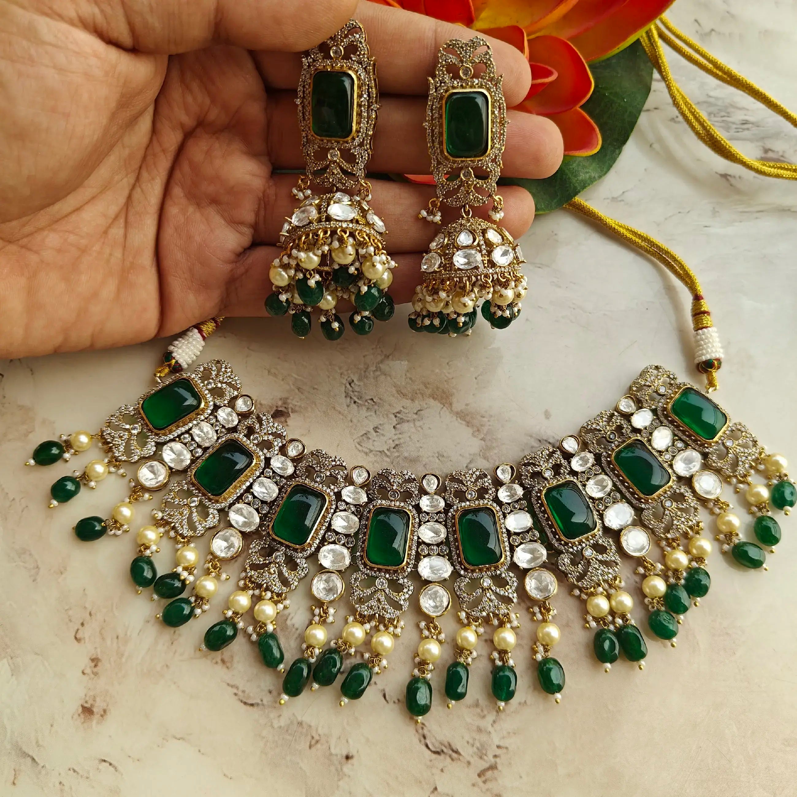 Fatima Premium Uncut Moissanite Necklace Set - Green