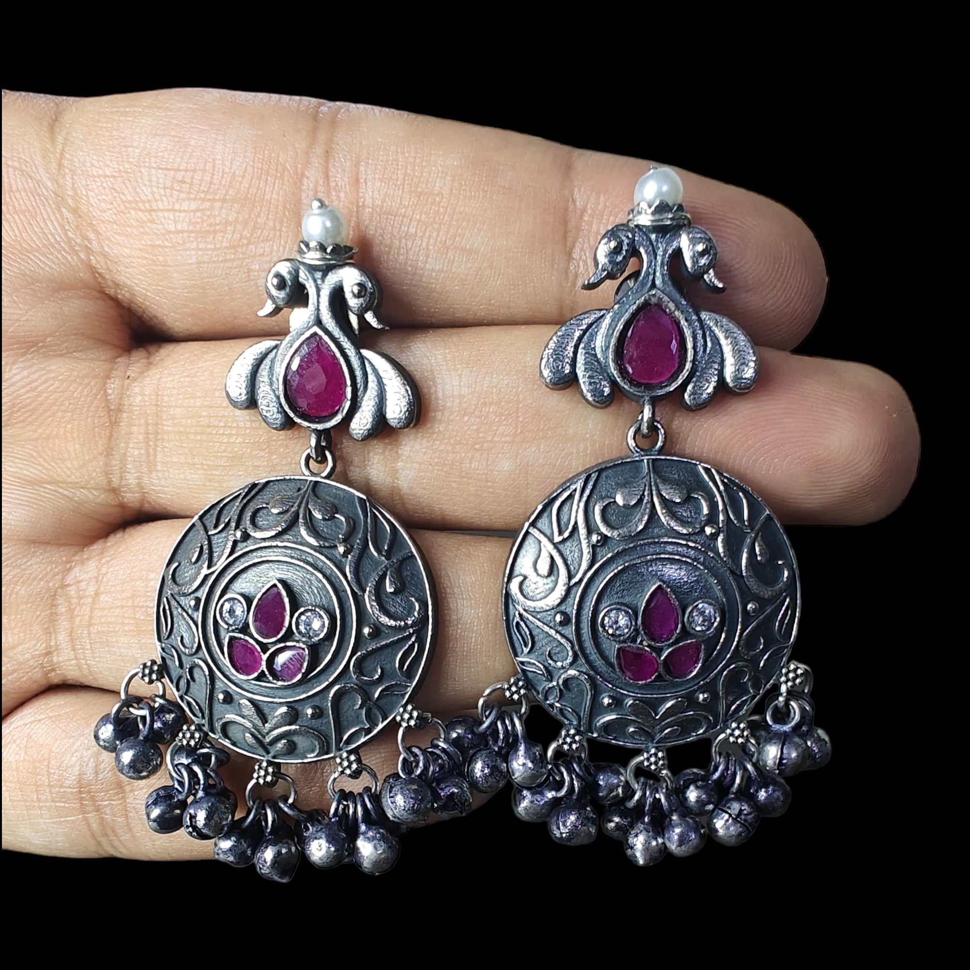 Ruhanika Silver Brass Earrings- Magenta