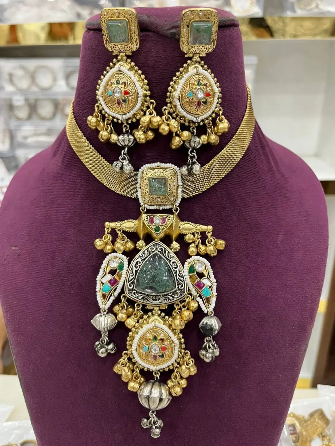 Bela Amrapali Brass Fusion Necklace Set - Grey Multi