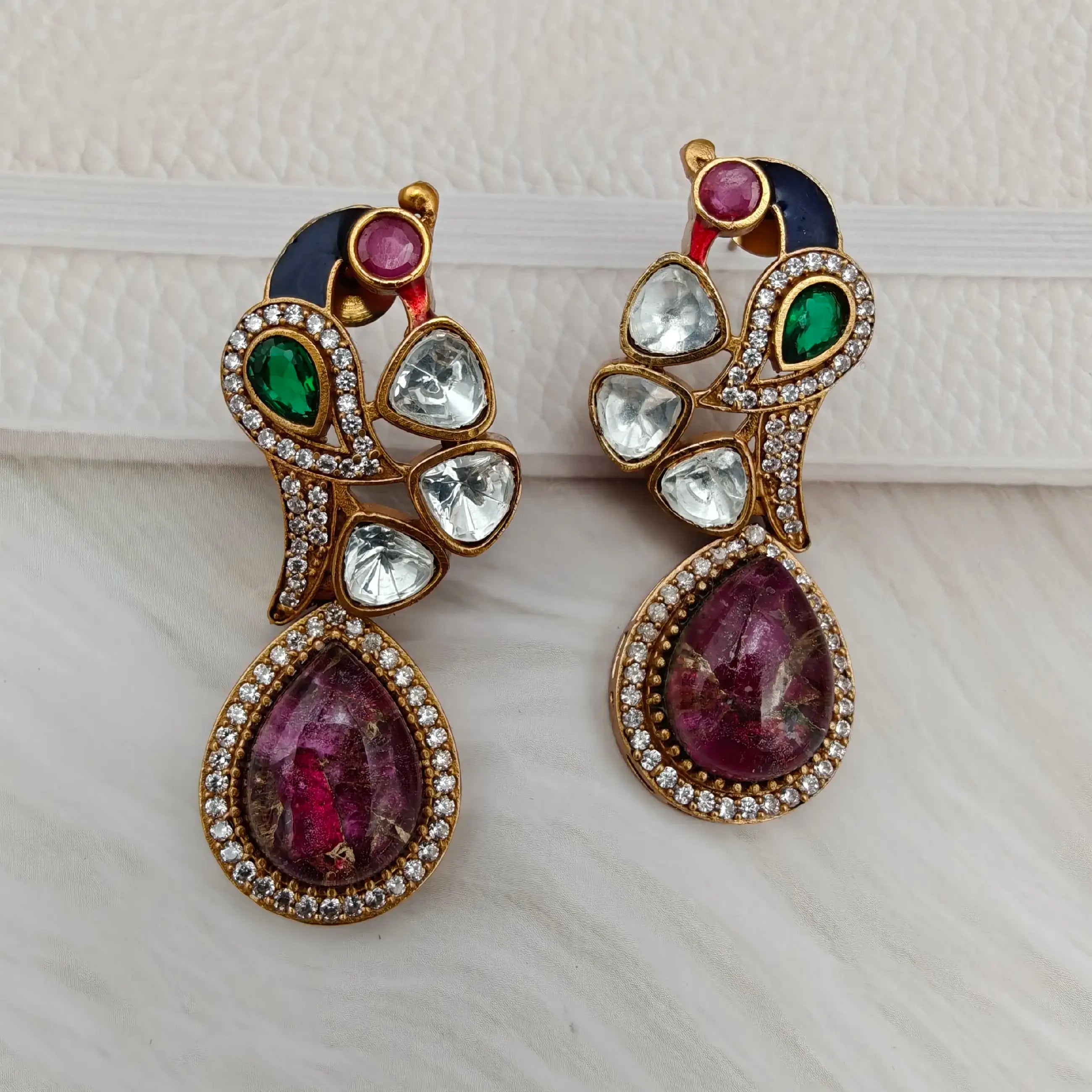 Parvana Tourmaline Doublet Uncut Moissanite Polki Earrings - Ruby Pink