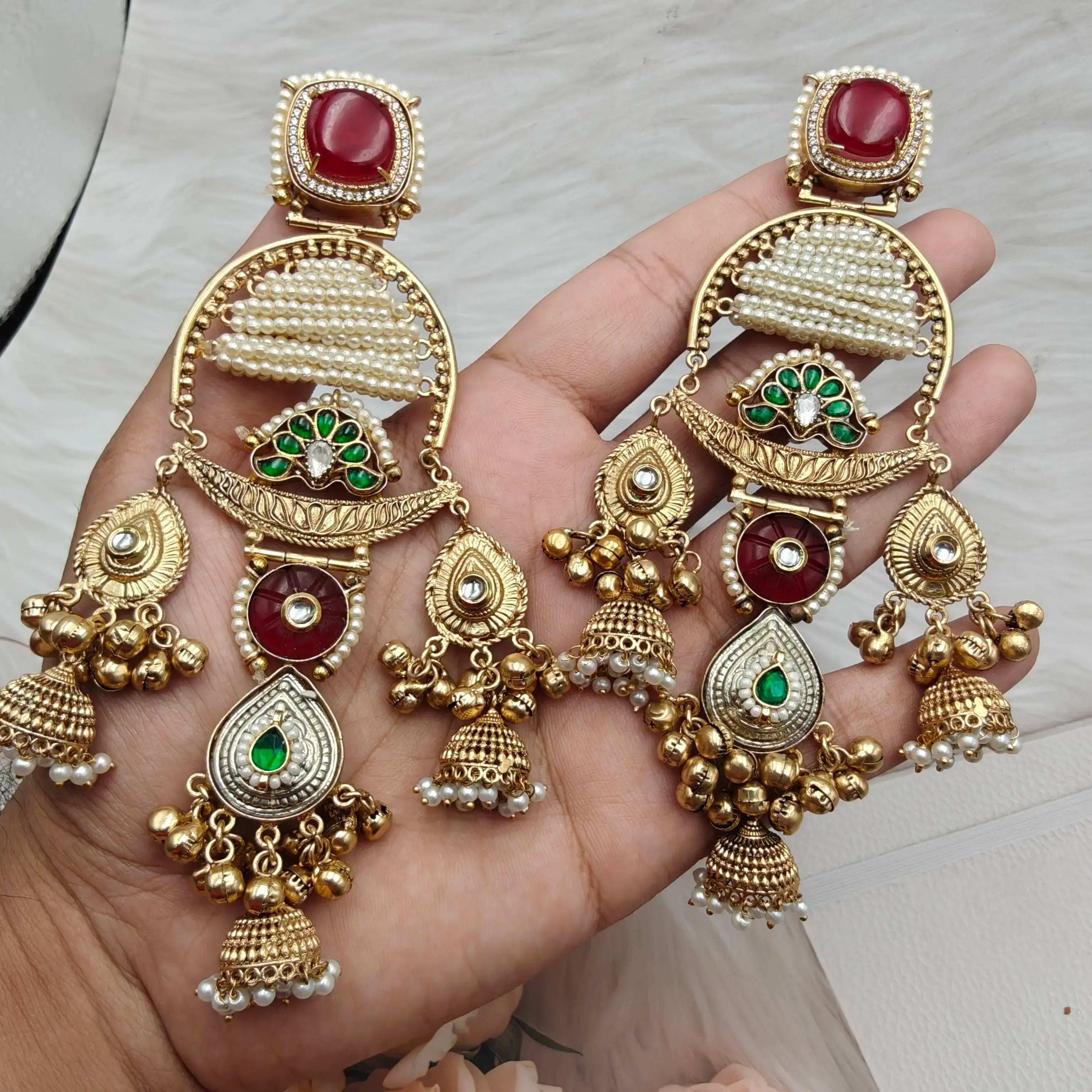 Reba Amrapali Brass Fusion Earrings - Ruby Green
