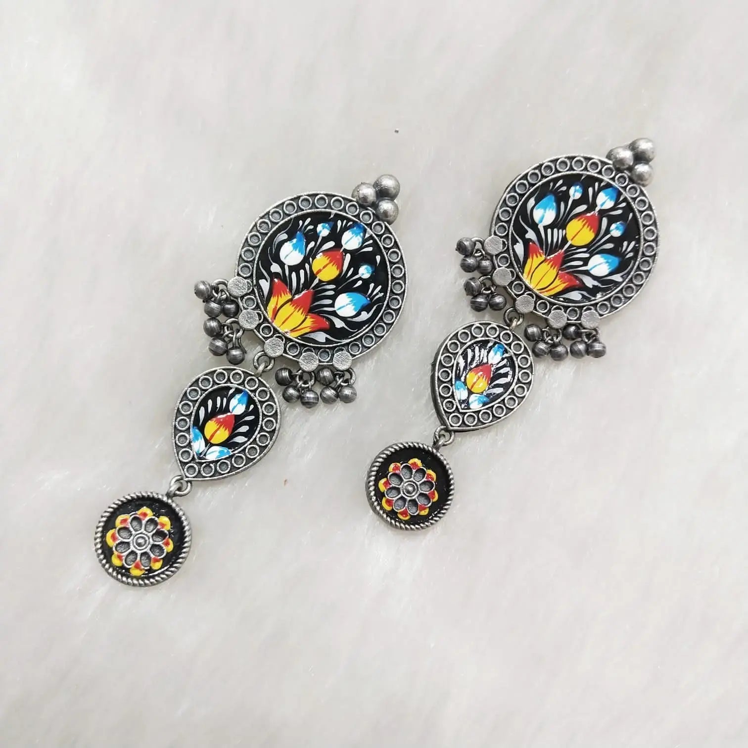 Tanjore Silver Replica Piya Earrings- Black