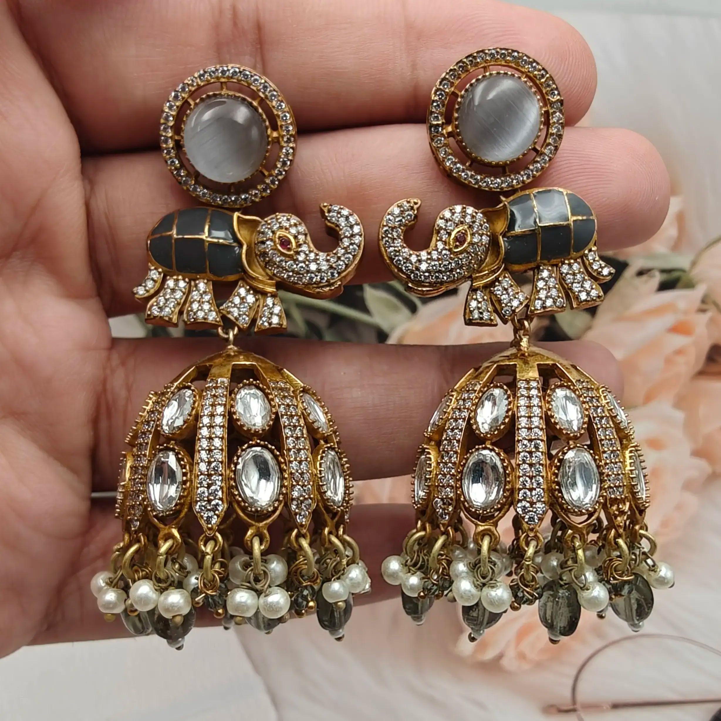 Nisha Uncut Polki Elephant Jhumki- Grey