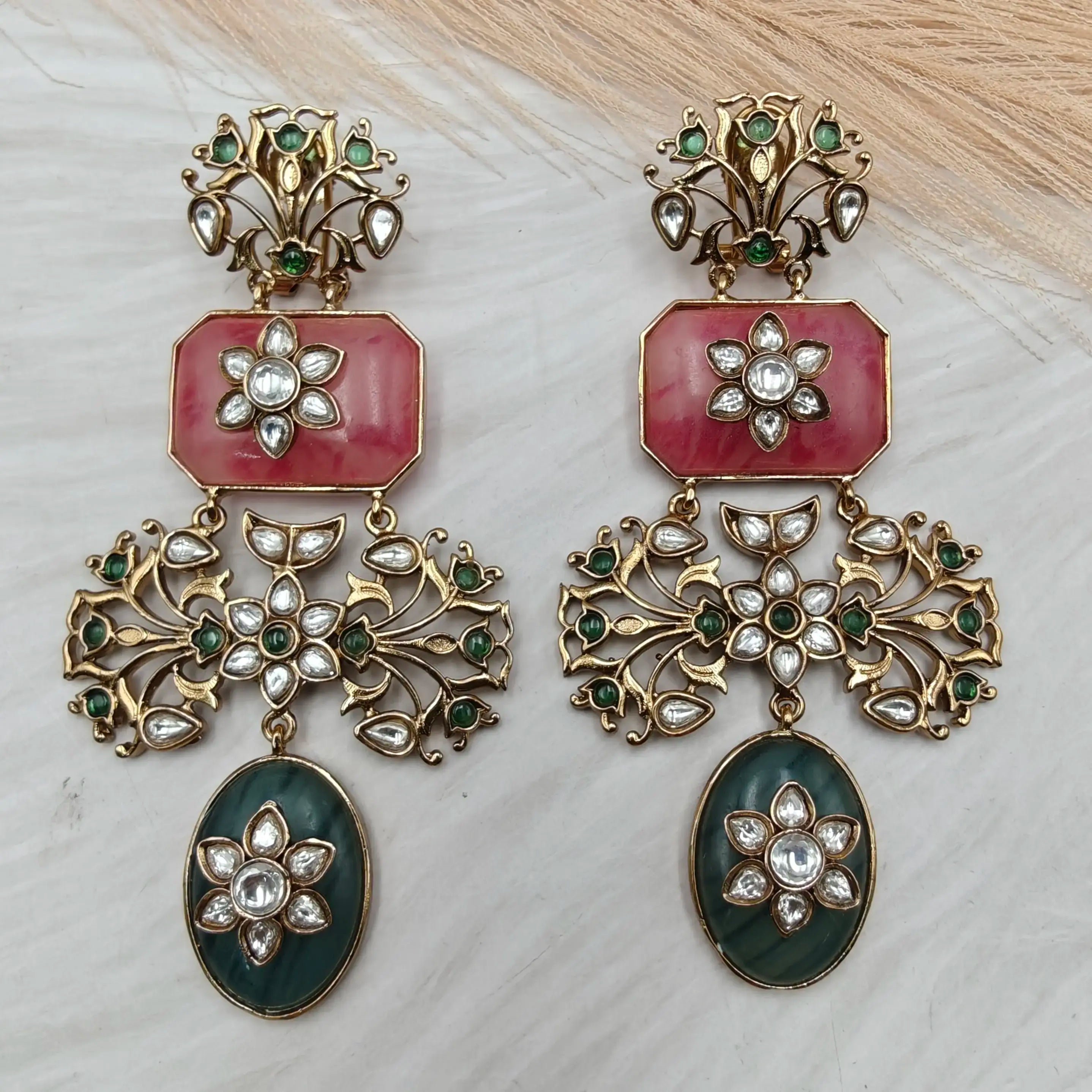 Aarohi Regal Bloom Earrings - Green Malachite and Pink Onyx
