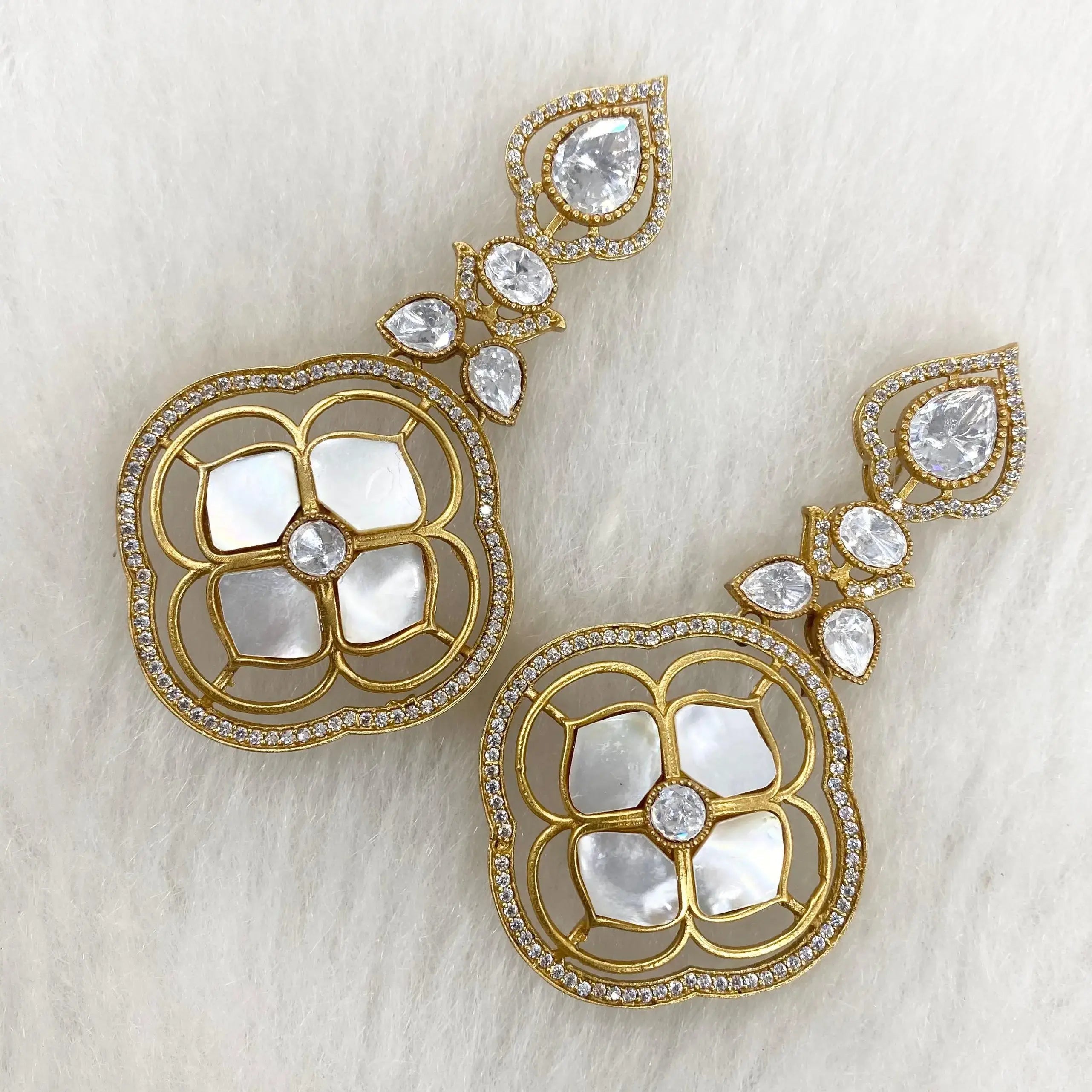 Parina Uncut Polki Shell Stone Earrings- White