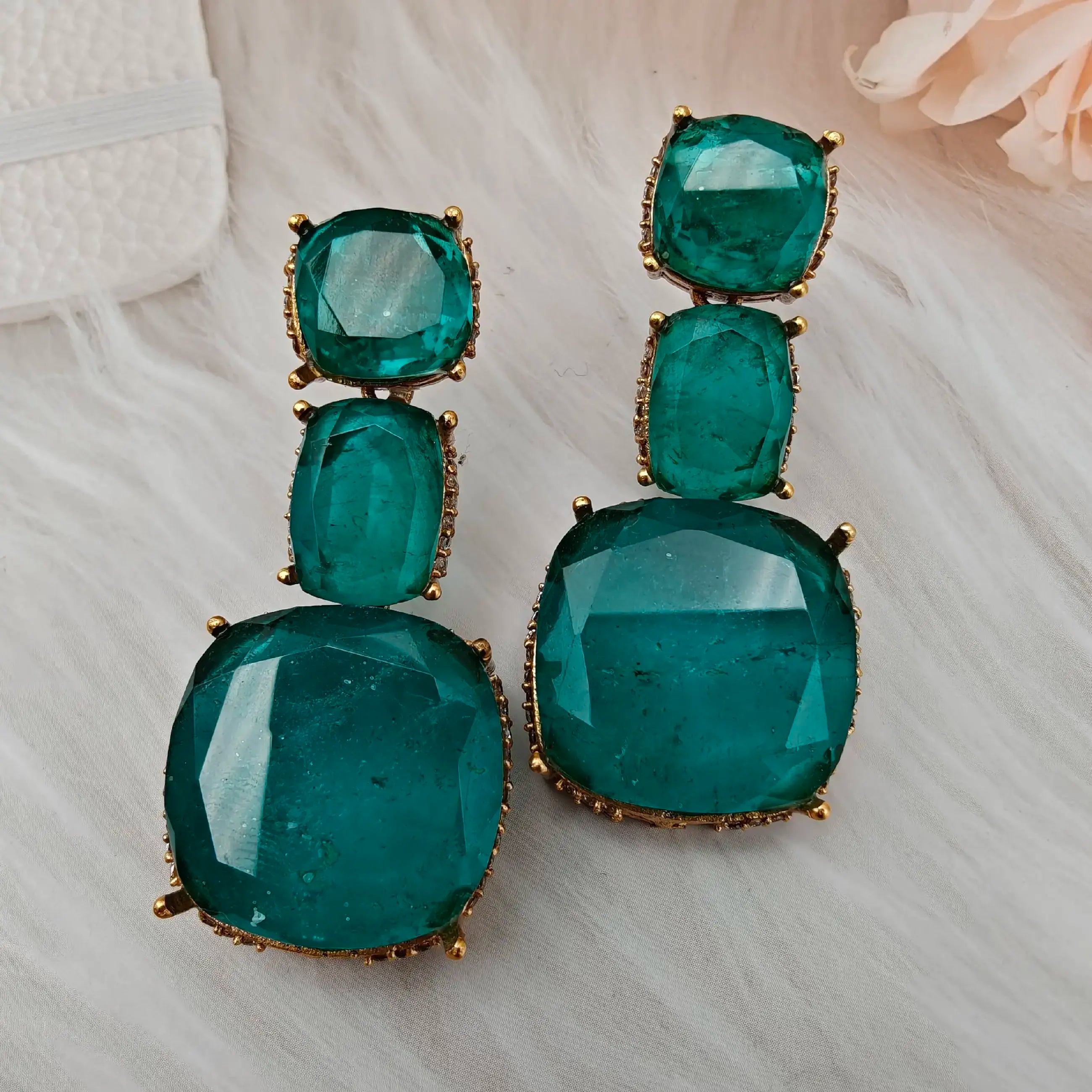Sabya Inspired Vrinda Doublet Statement Earrings - Teal Green