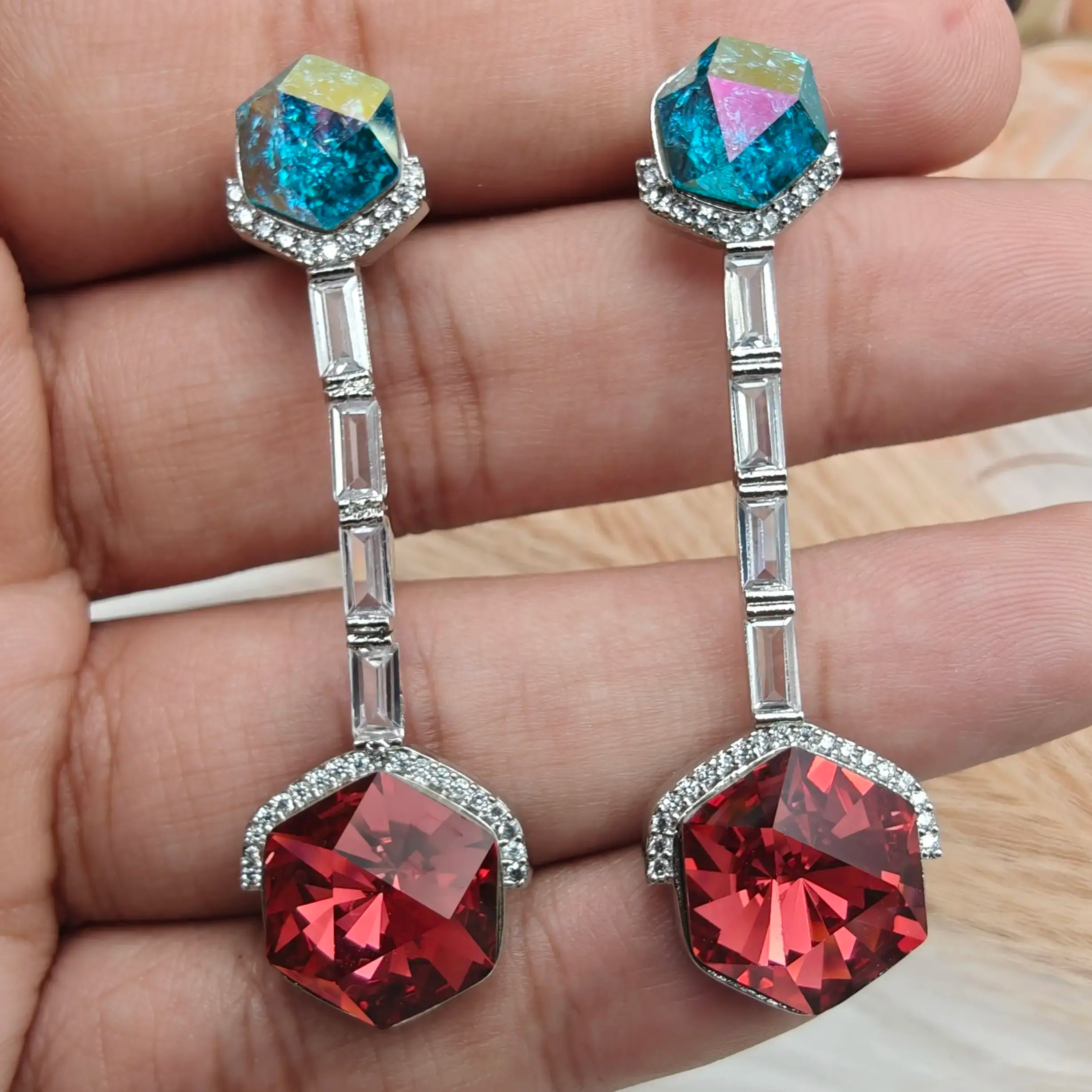 Prism Dusk Swarovski Holographic Drop Earrings - Turquoise n Red