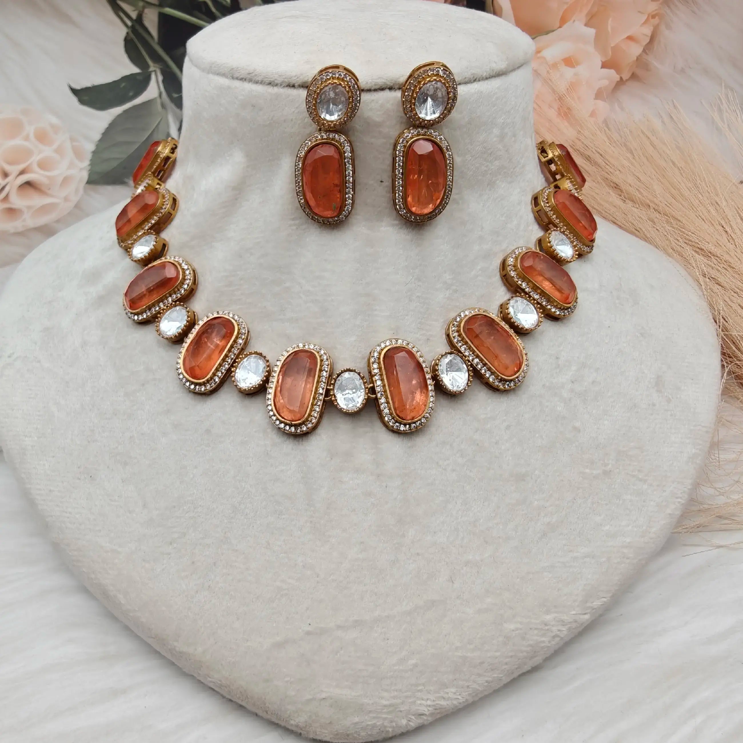 Sakhi Doublet And Uncut Polki Necklace Set - Orange