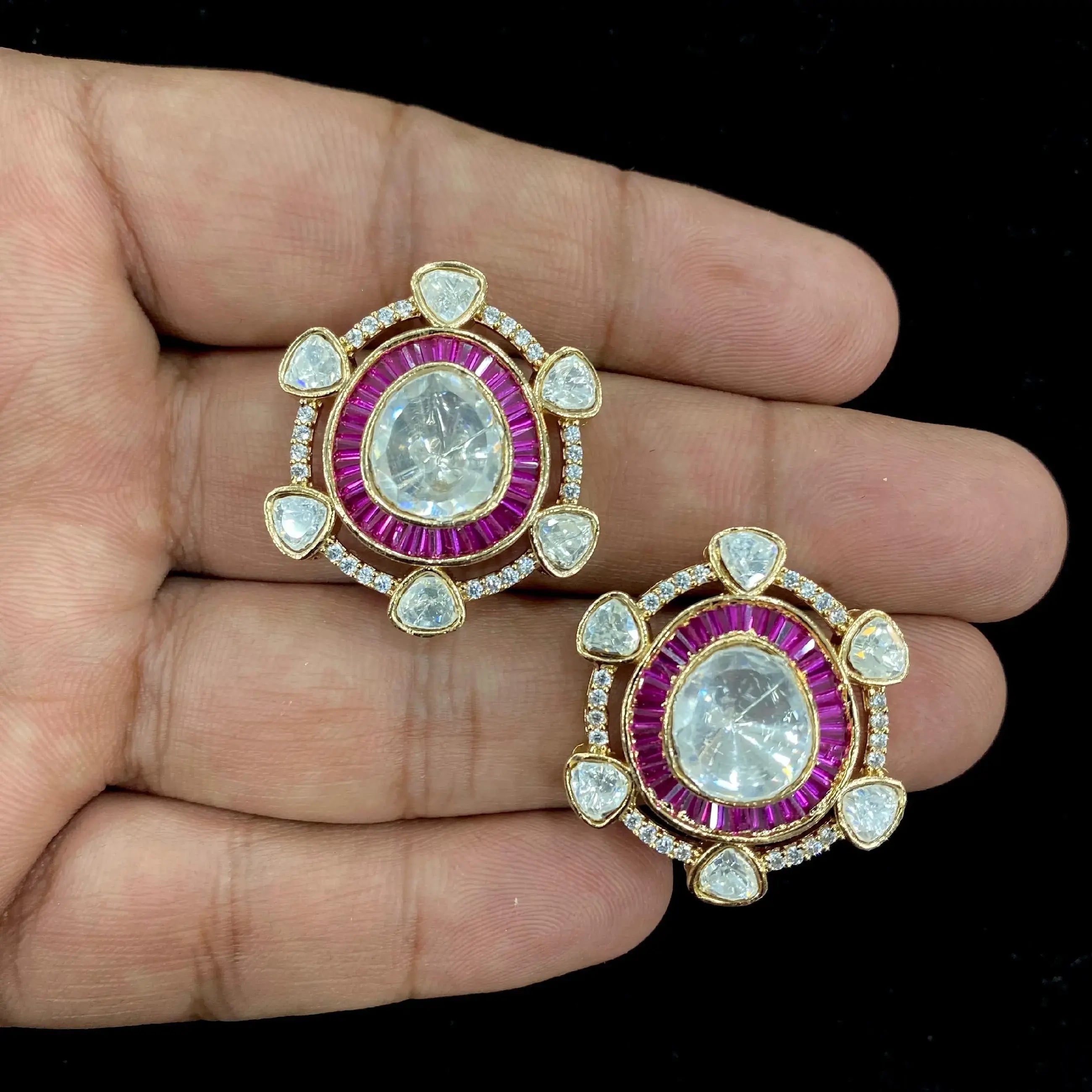 Falak Uncut Polki Moissanite Studs- Ruby Pink