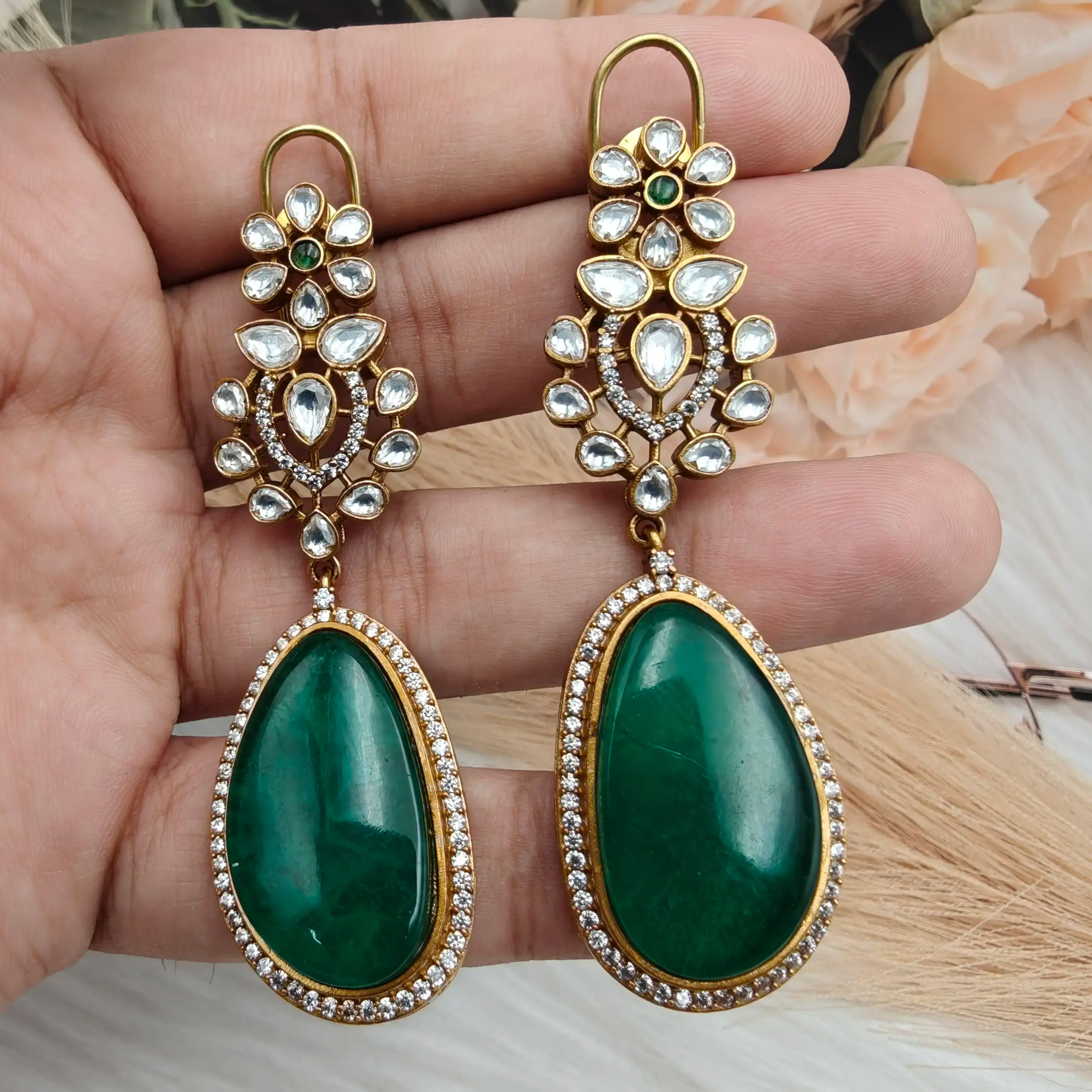 Atreyi Uncut Polki and Doublet Earrings - Green