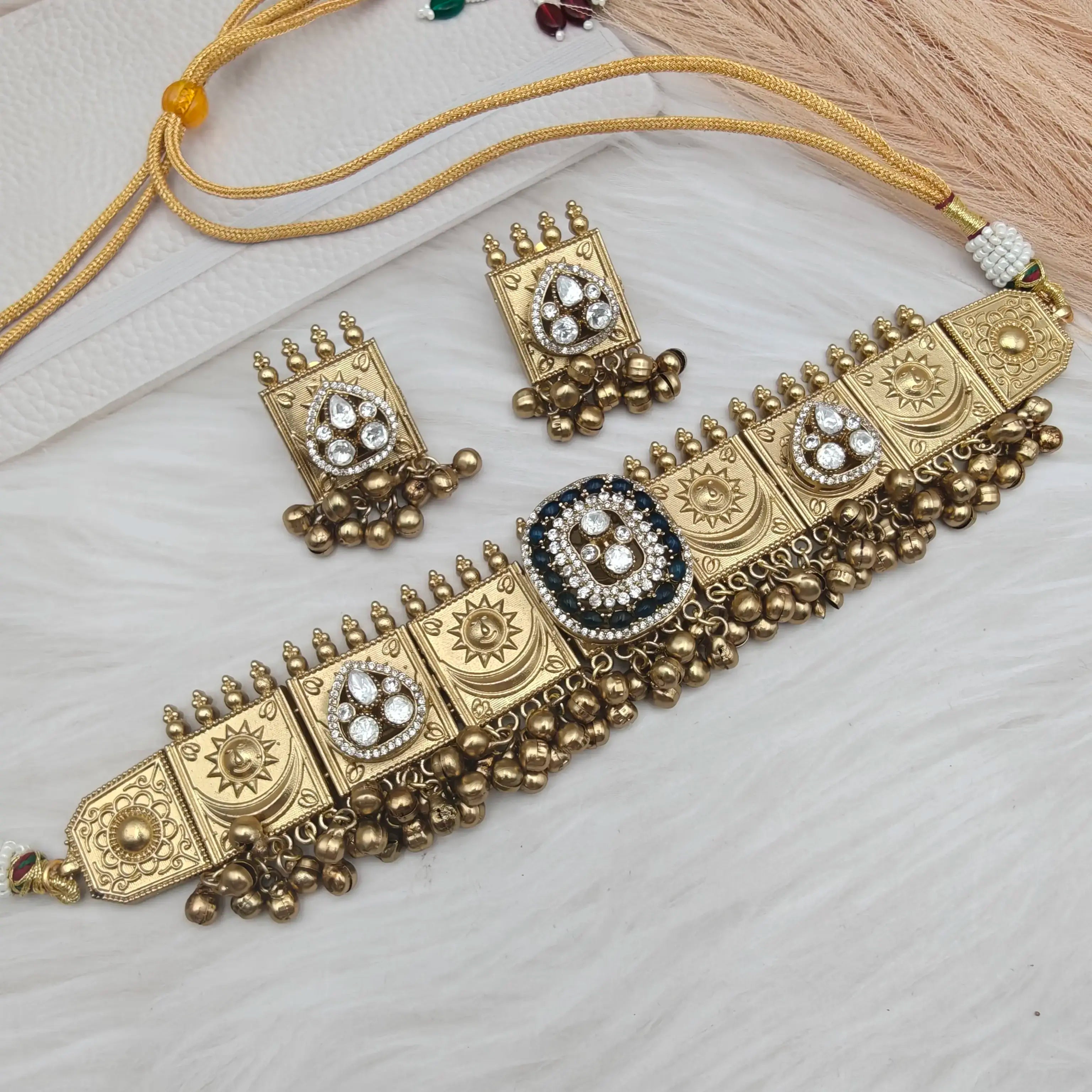 Kudrat Handcrafted Brass Fusion Choker Set - Blue