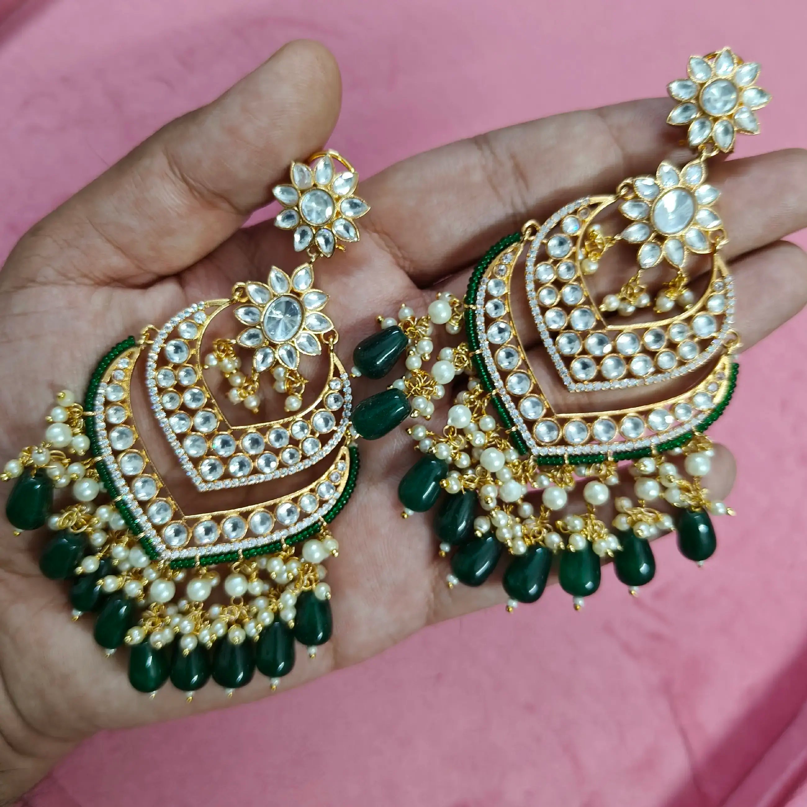 Heeramandi Chandbali Polki Earrings - Green