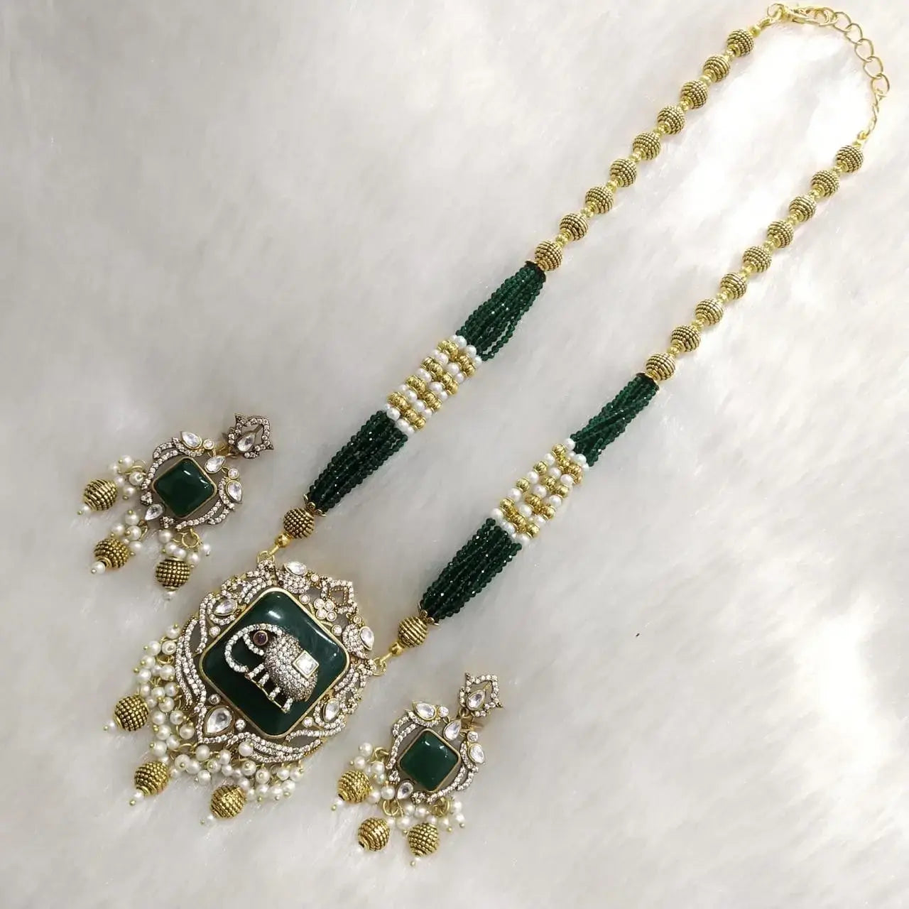 Mishti Elephant Monalisa Necklace Set- Green