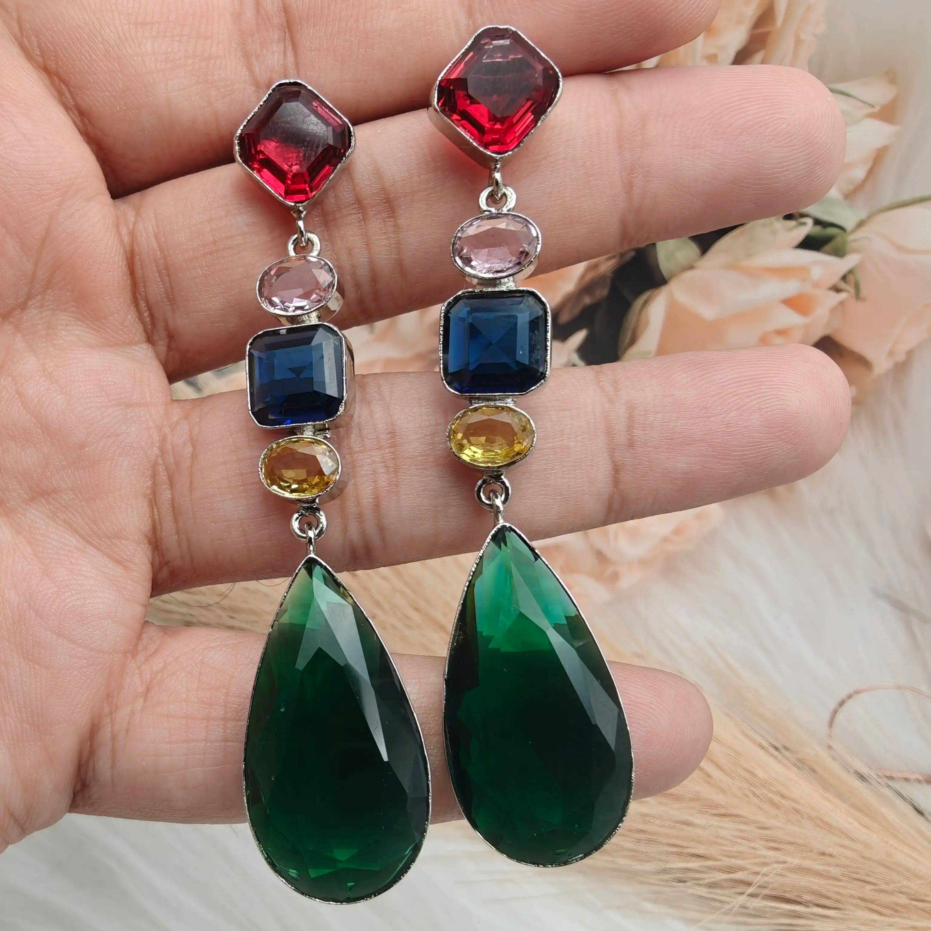 Zooni Crystal Danglers- Green Multi