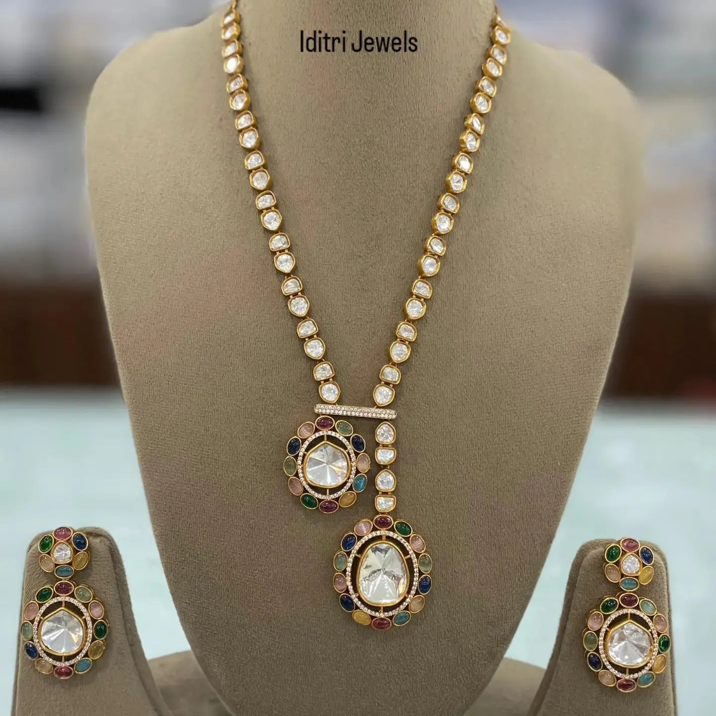 Sunheri Uncut Polki Moissanite Premium Statement Long Necklace - Multi