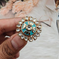 Kalki Premium Polki Kundan Adjustabke Ring- Turquoise
