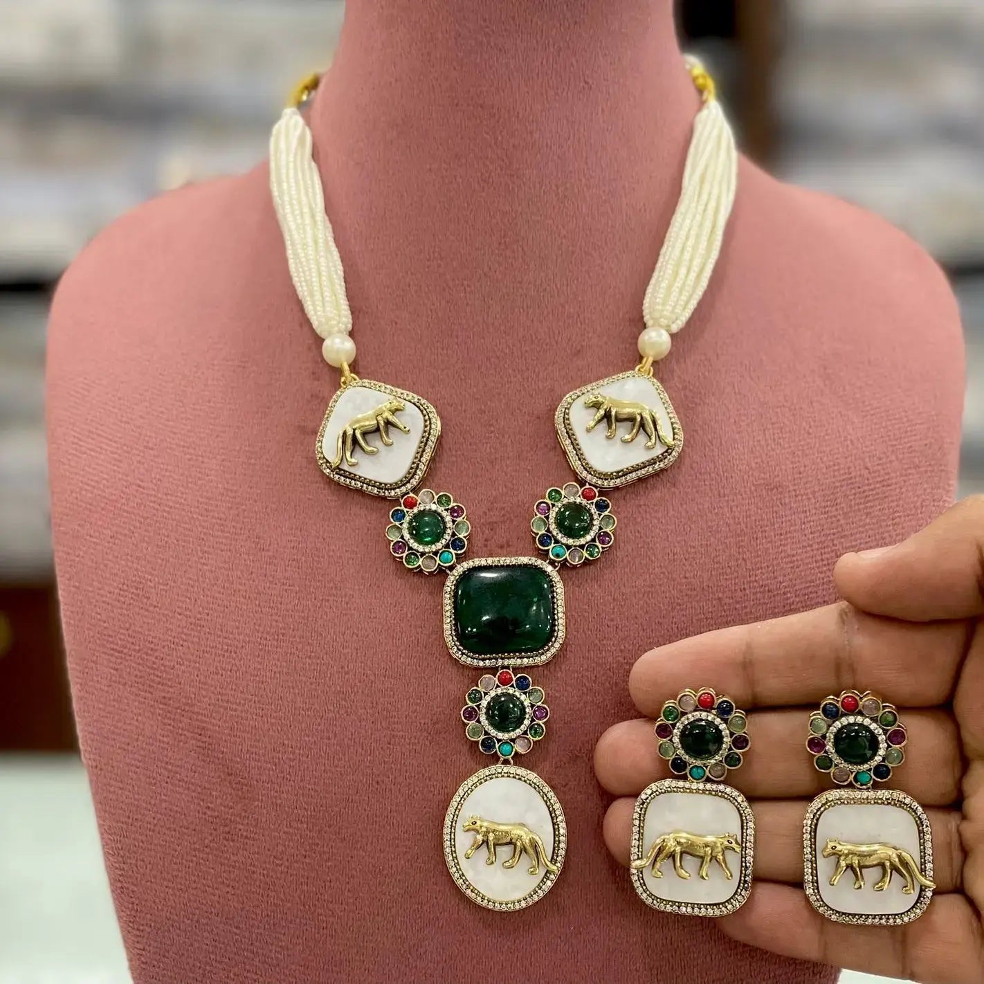 Sabyasachi Inspired Rasha Jaguar Shell and Monalisa Stone Necklace Set - Green