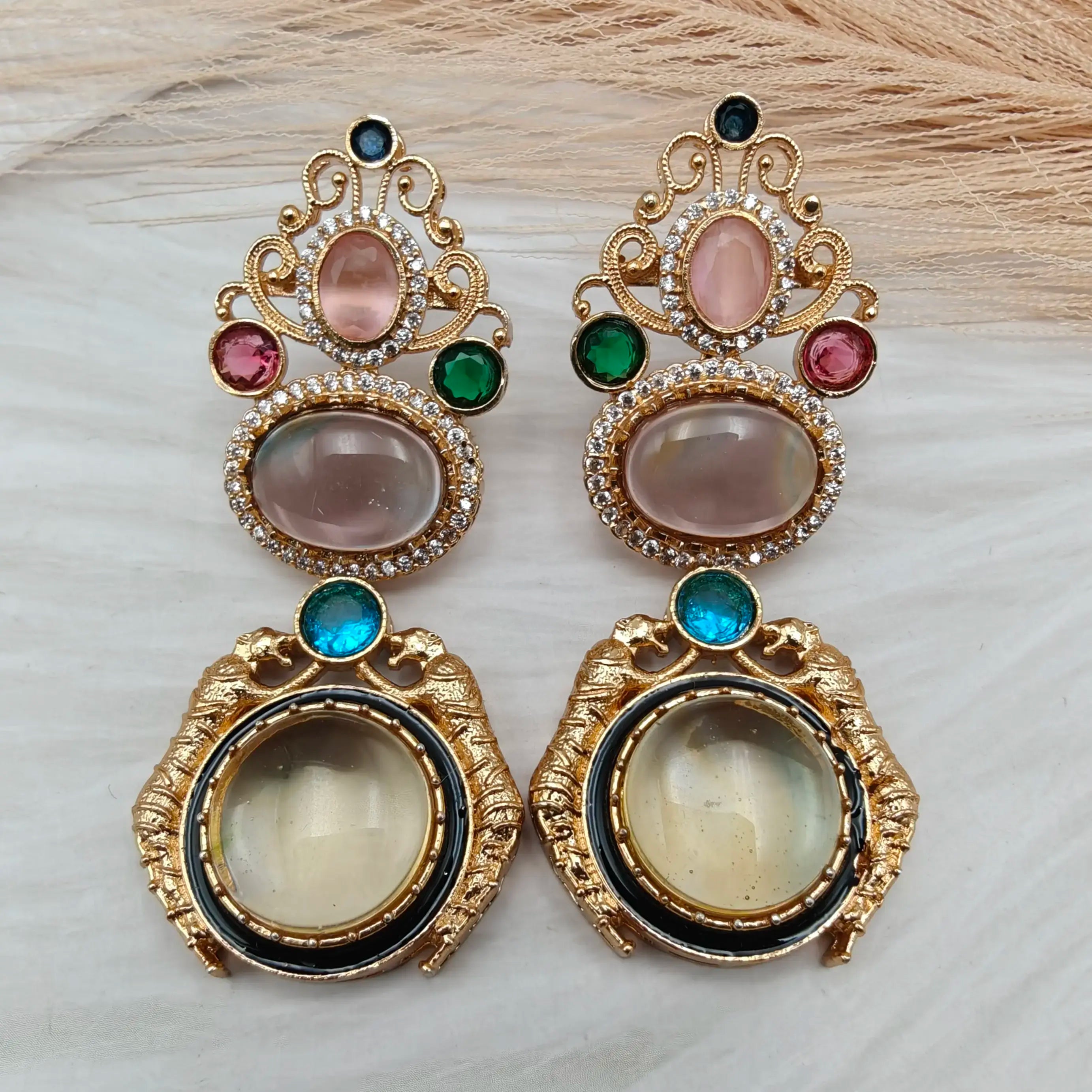 Navrang Jaguar Earrings - Blush Pink n Trans Yellow