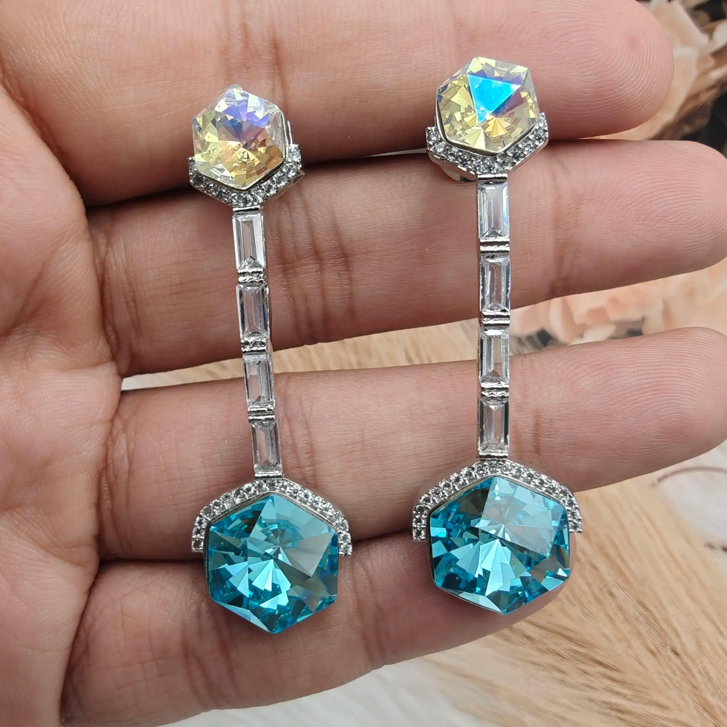 Prism Dusk Swarovski Holographic Drop Earrings - Yellow Rainbow n Turquoise