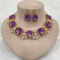 Amrina Doublet Uncut Polki Moissanite Premium Necklace Set - Purple
