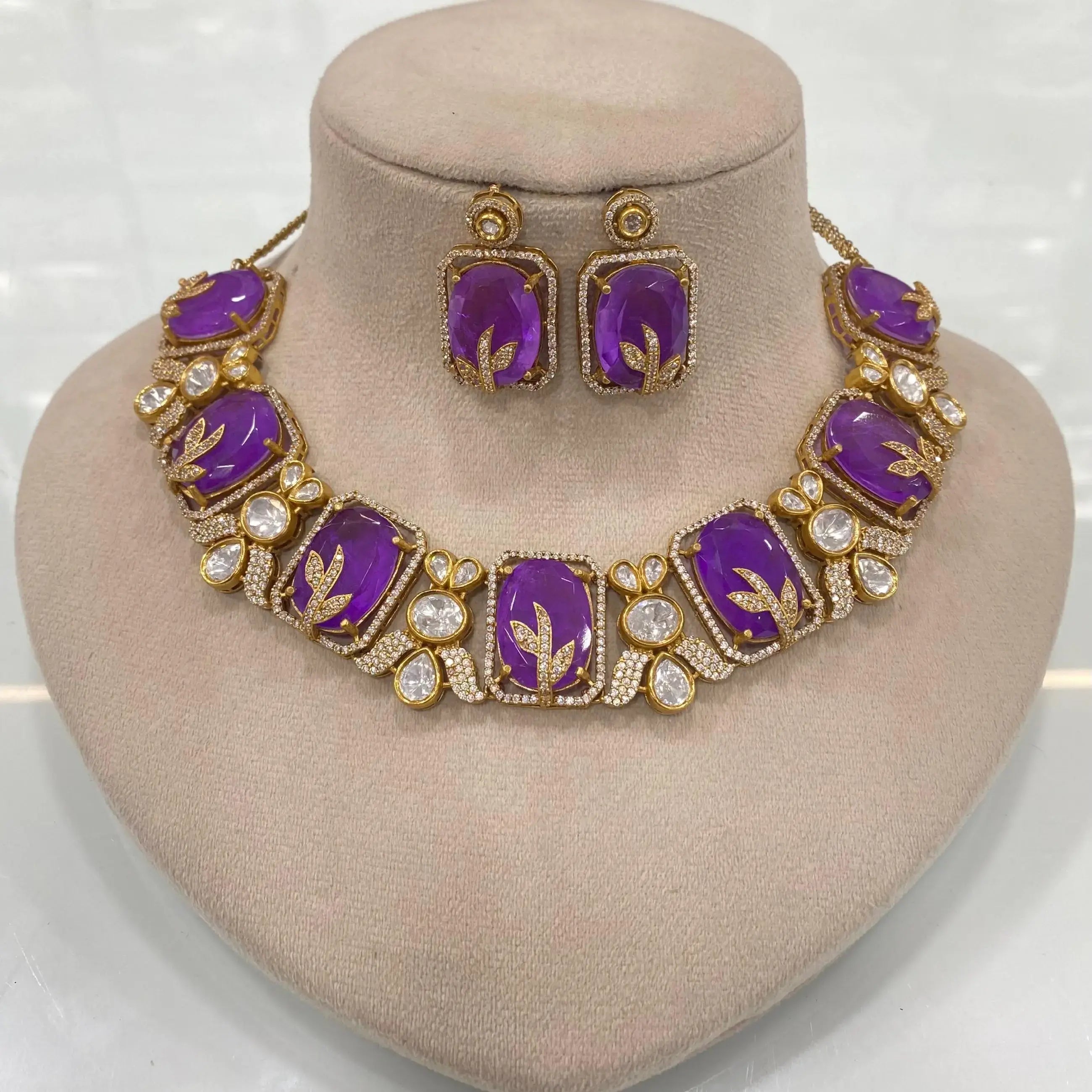 Amrina Doublet Uncut Polki Moissanite Premium Necklace Set - Purple