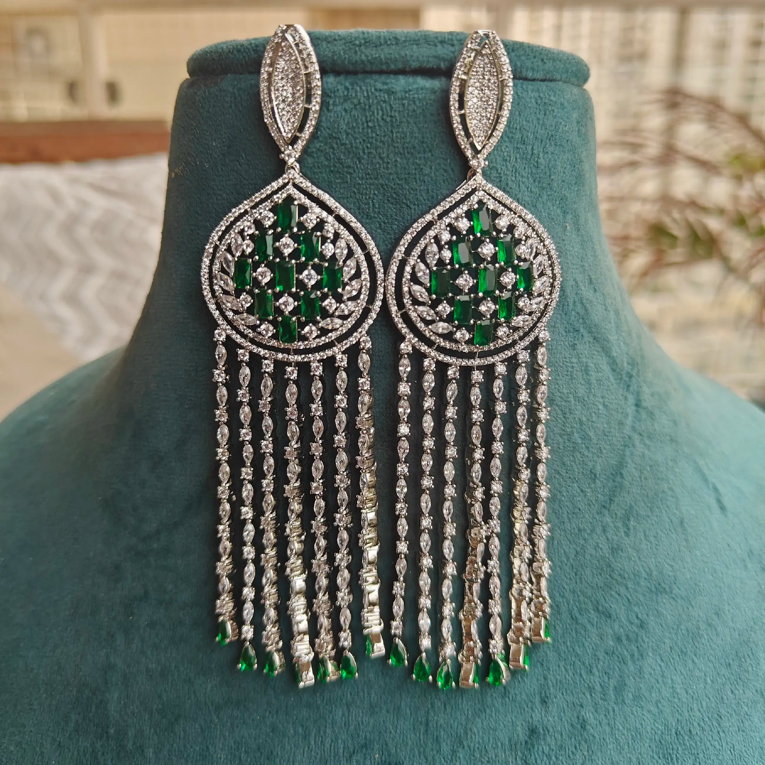 Jivaah Cocktail Long AD Earrings- Green