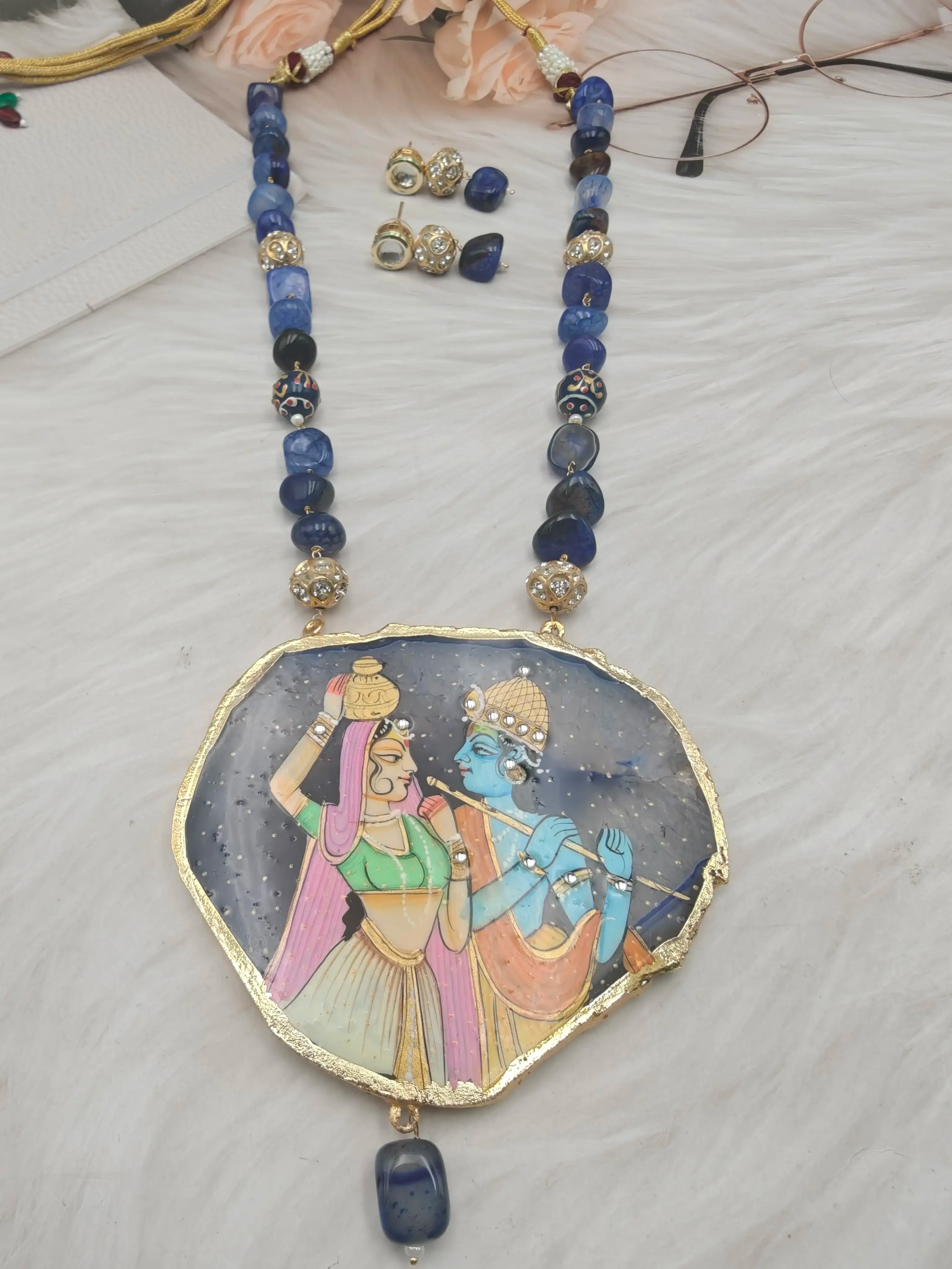 Tanjore Radha Krishna Natural Stone Long Necklace- Blue