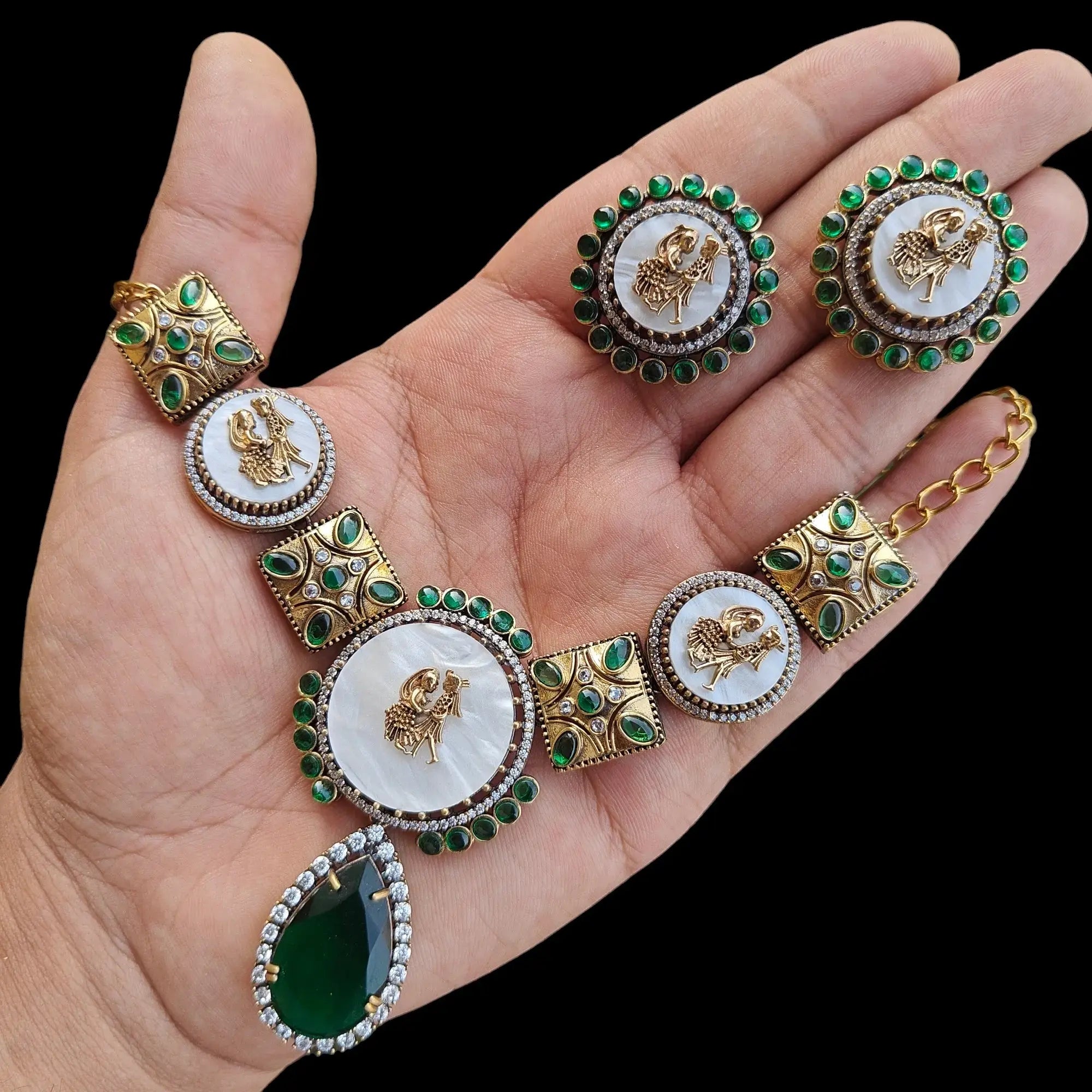 Raja Rani Sabyasachi Inspired Shell Stone Necklace Set- Green