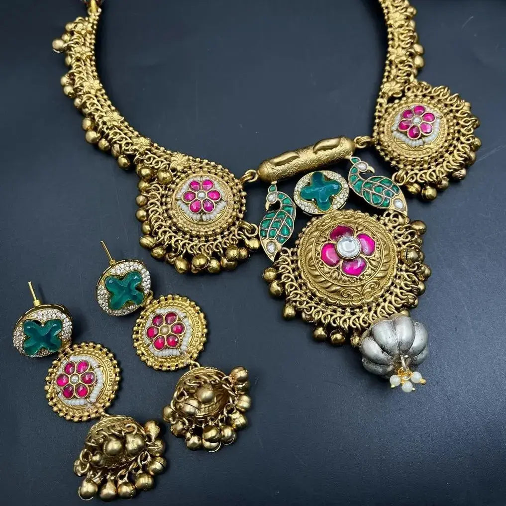 Manmarzia Amrapali Brass Fusion Hasli Set - Green N Ruby