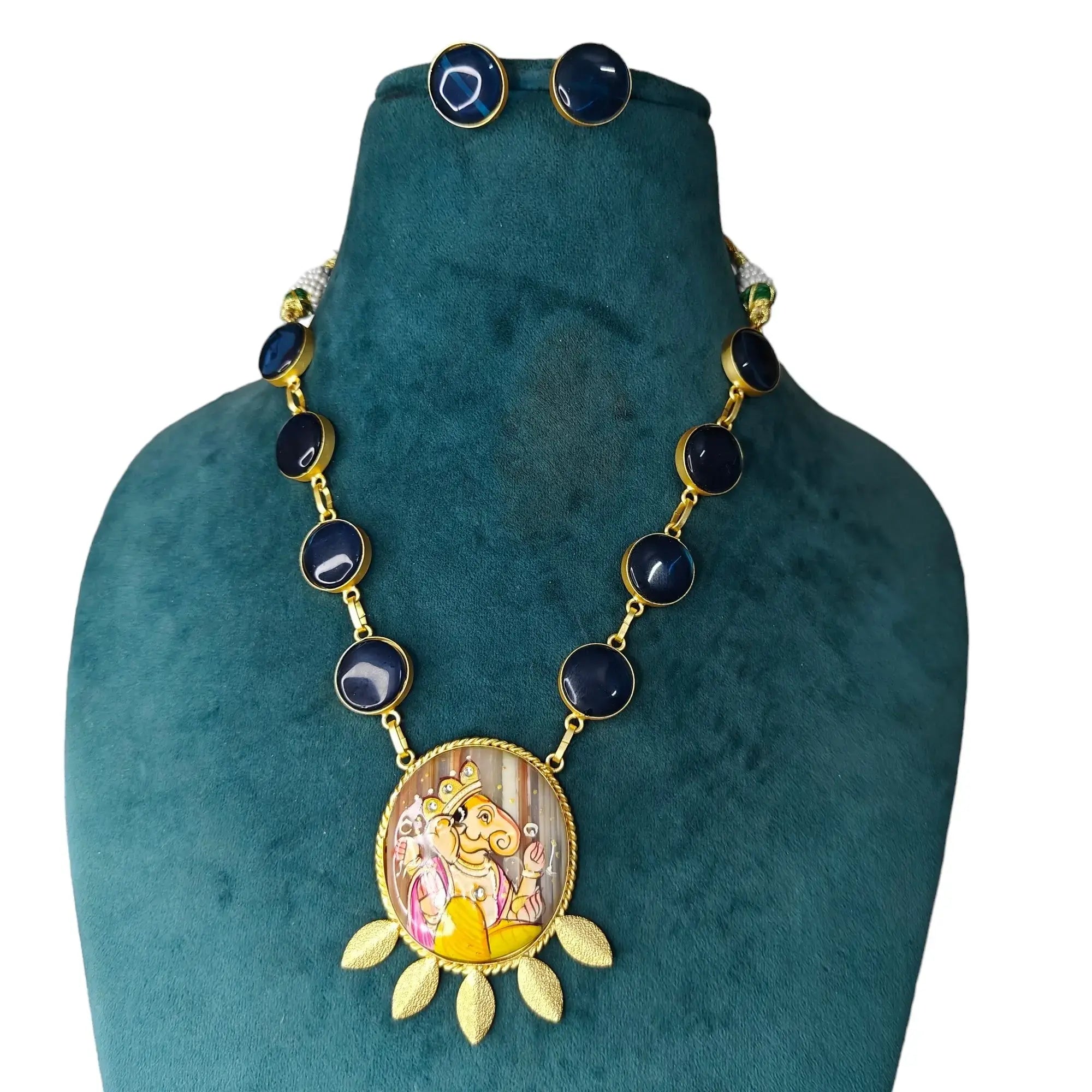 Revati Tanjore Monalisa Necklace Set- Blue Ganesha