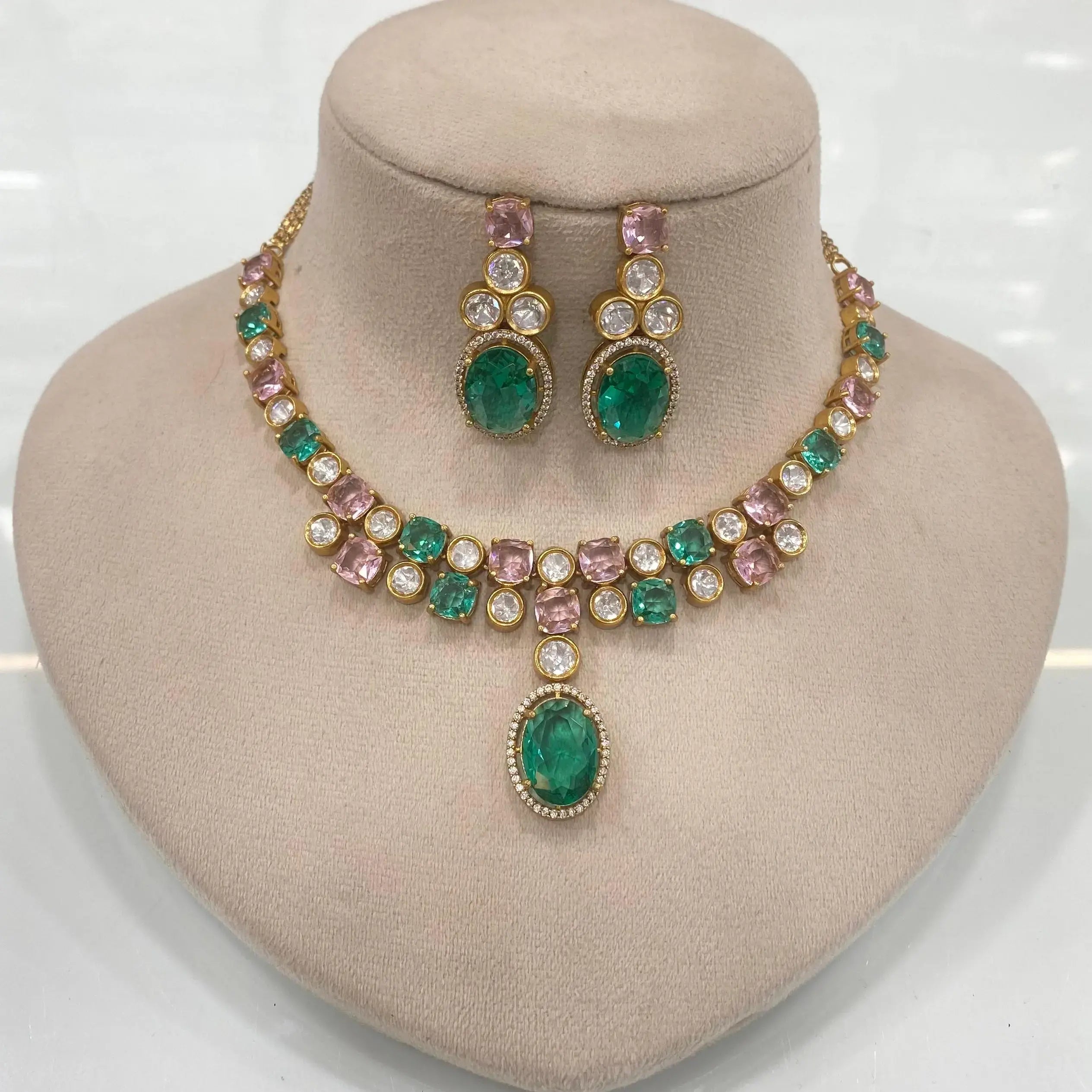 Neeta Uncut Polki Necklace Set - Mint N Pink