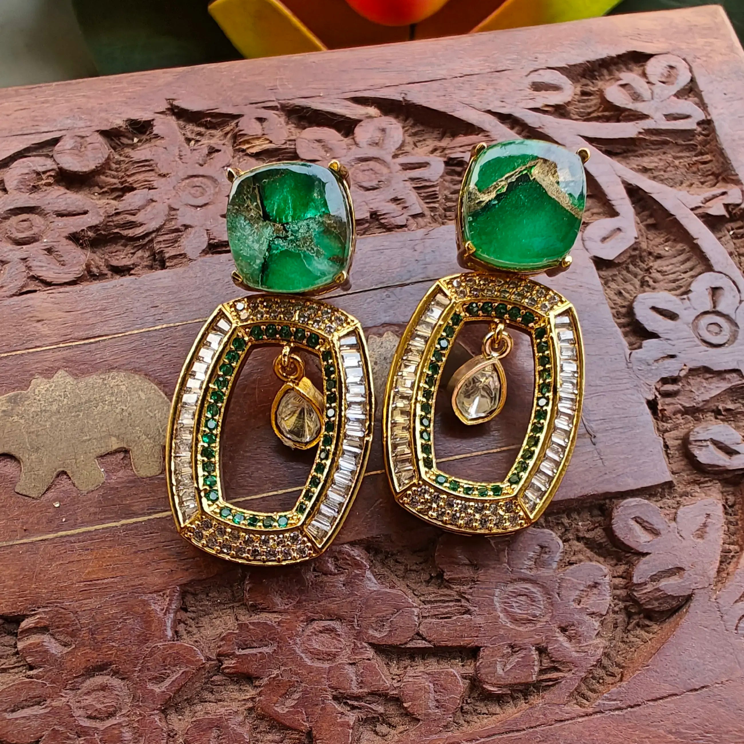 Rahat Doublet Baguette AD Statement Earrings - Metallic Green